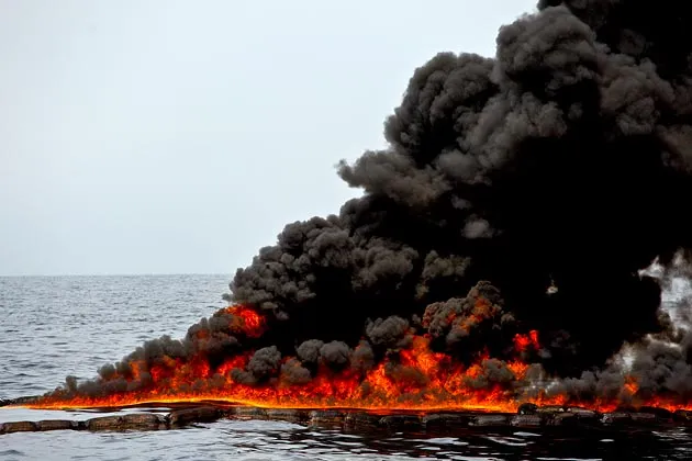 A controlled burn near the source of the BP Deepwater Horizon oil spill in the Gulf of Mexico on July 15, 2010