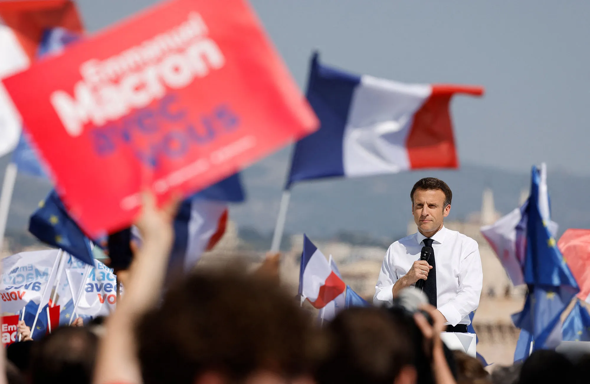 Emmanuel Macron during an election campaign meeting in Marseille, France, on April 16.&nbsp;