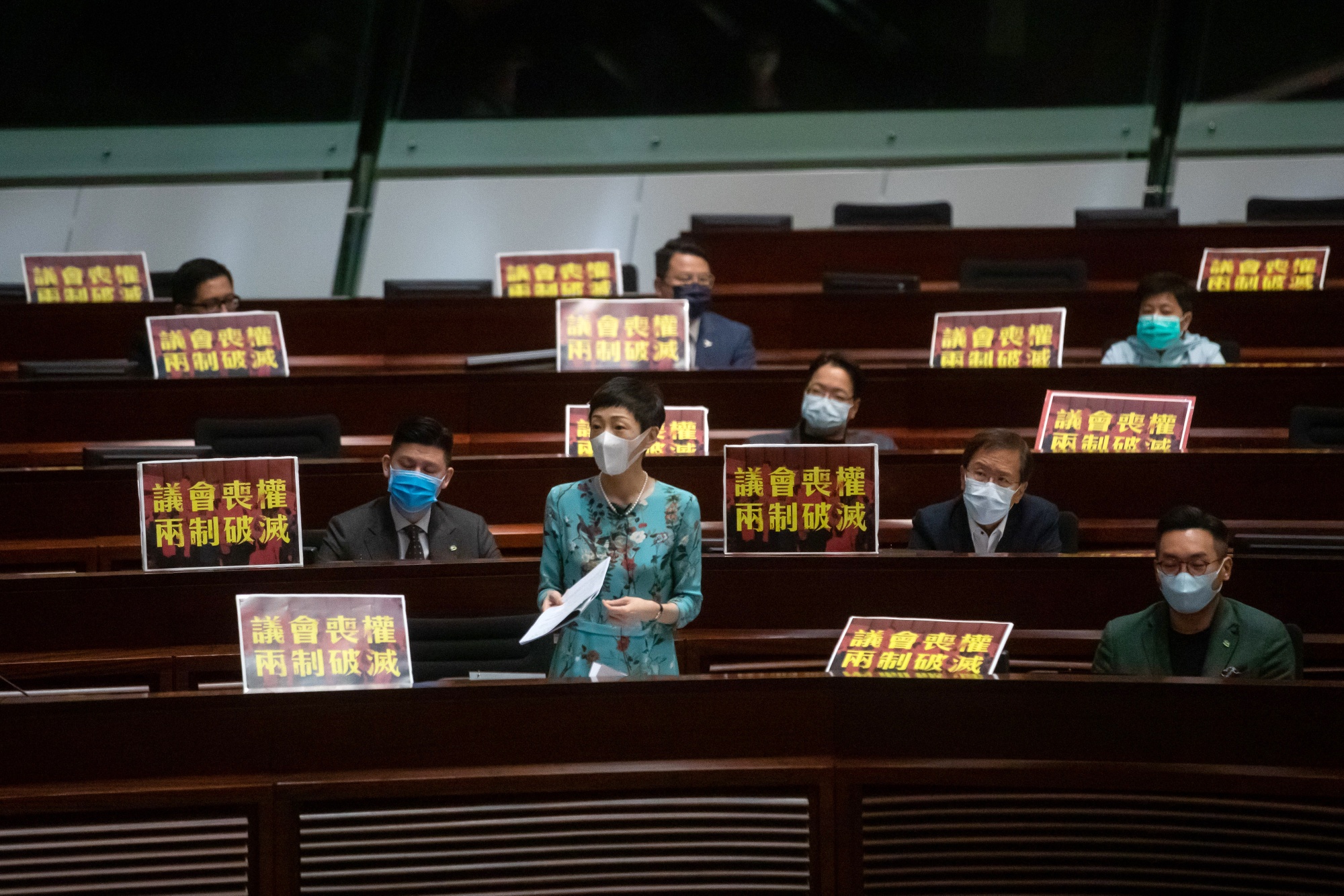 A pro-democracy legislator speaks during a Legislative Council meeting in Hong Kong in May.