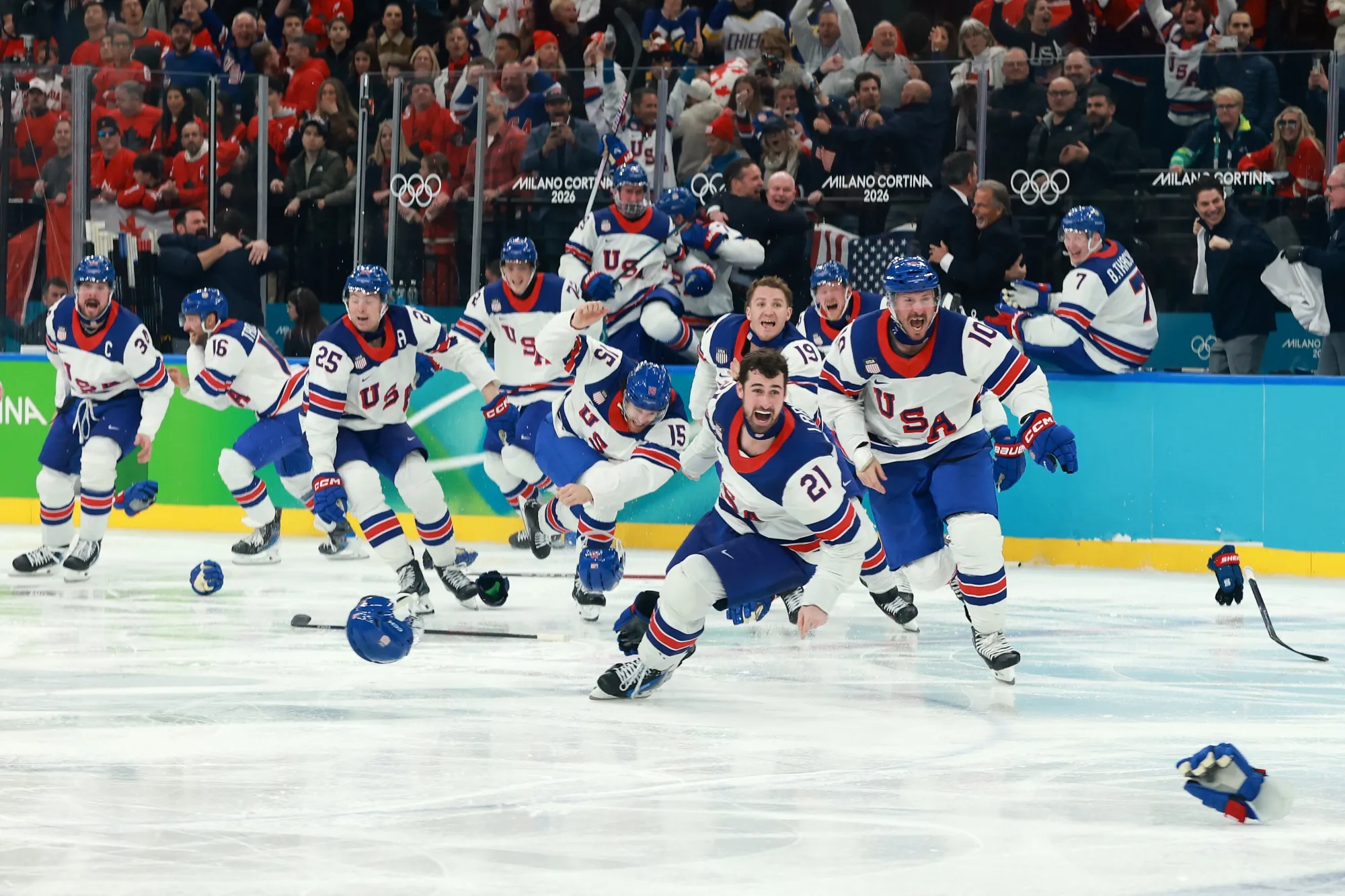Players of Team United States celebrate winning&nbsp;the gold medal during the 2026 Winter Olympic games in Milan on Feb. 22.&nbsp;