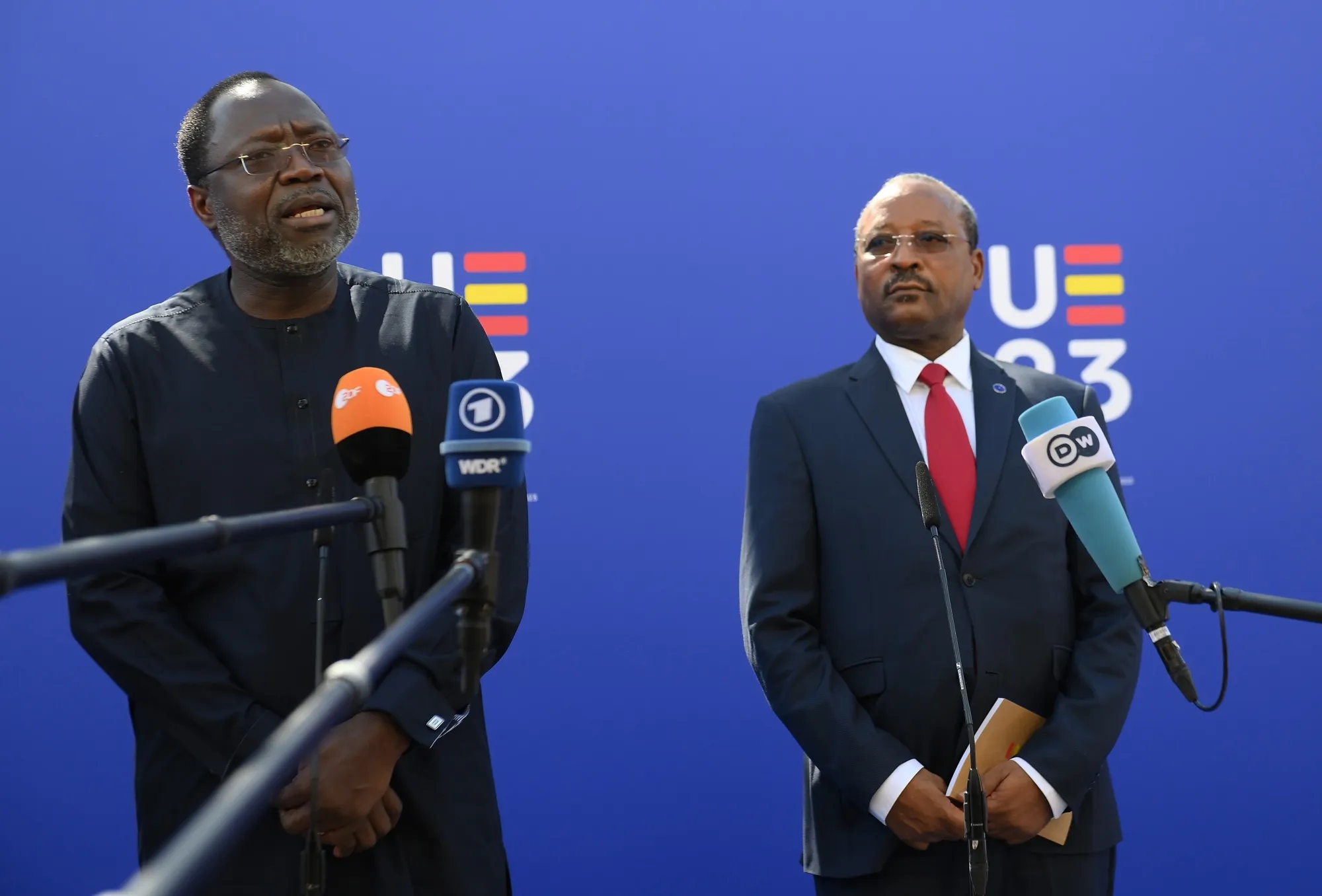 Omar Alieu Touray, President of The Economic Community of West African States (ECOWAS) addresses members of the media beside Hassoumi Massoudou, Foreign Minister of Niger, during the EU Foreign Ministers informal meeting on August 31, 2023.