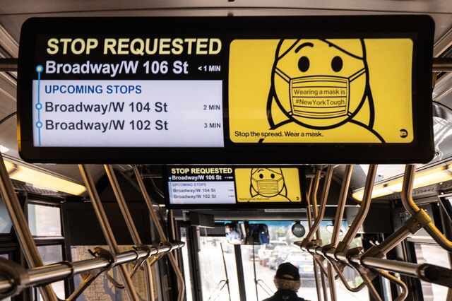 Public service announcement, number 4 bus traveling along Broadway, Manhattan, Oct. 11, 2020