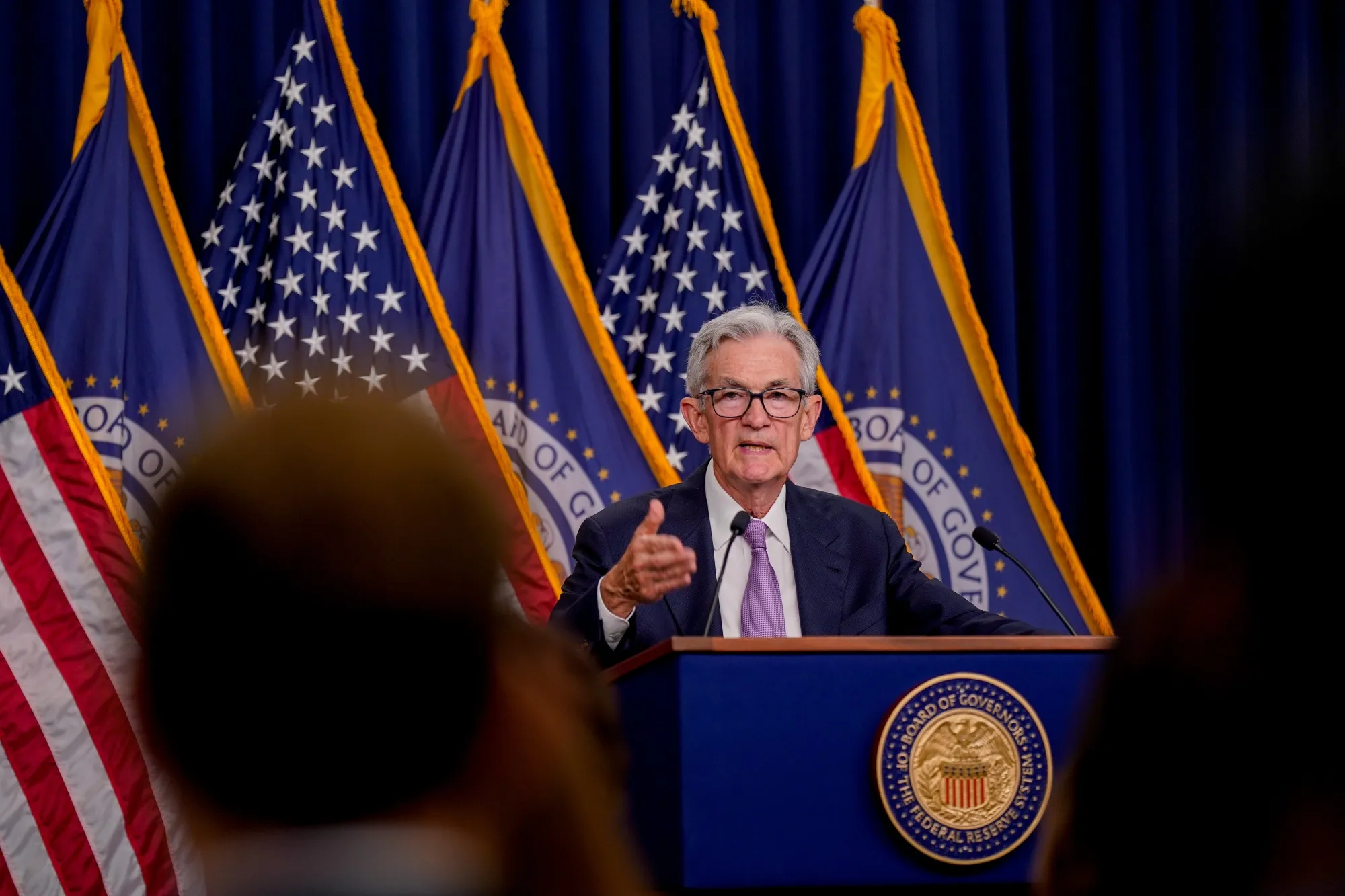 US Federal Reserve Chair Jerome Powell at a news conference following the Fed meeting in Washington Wednesday.&nbsp;
