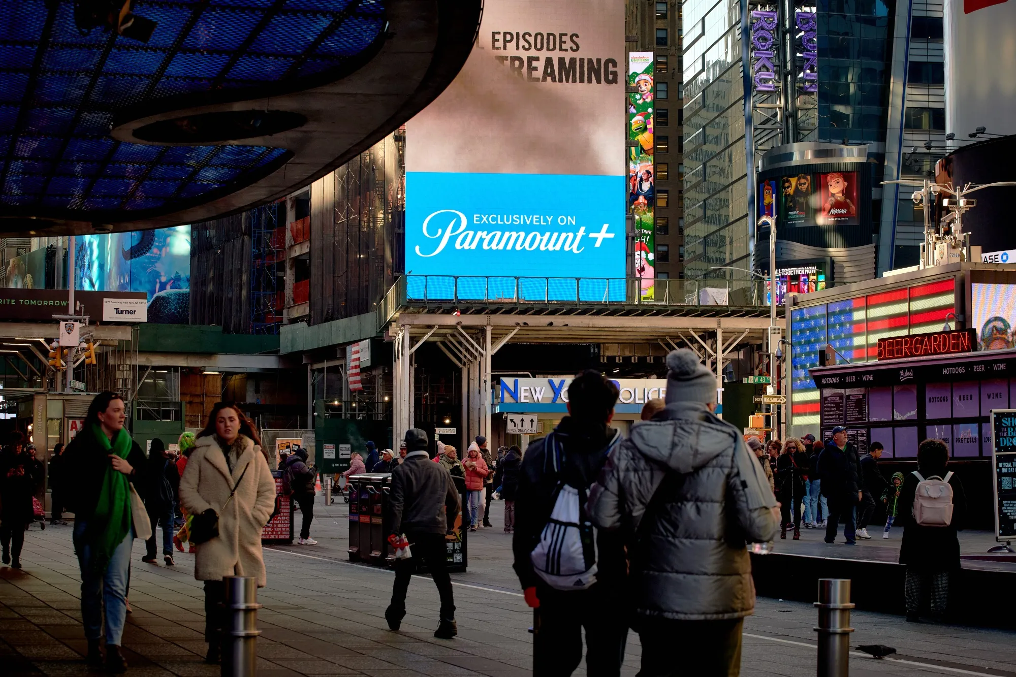 Paramount+ signage in the Times Square neighborhood of New York, US, on Thursday, Dec. 21, 2023. Warner Bros. Discovery Inc. held talks on a possible merger with Paramount Global, potentially combining two of the biggest media companies in the world, according to people with knowledge of the matter.