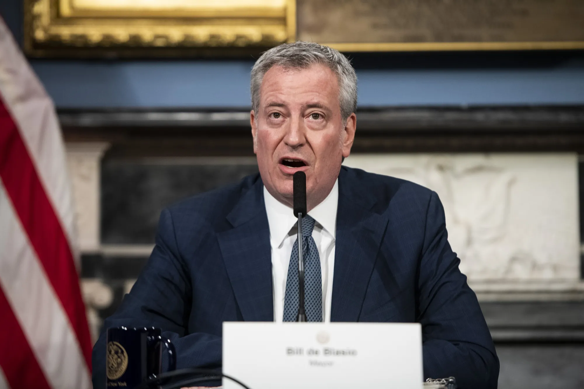 Bill de Blasio, mayor of New York, speaks during a news conference on Covid-19 in New York on March 13.&nbsp;
