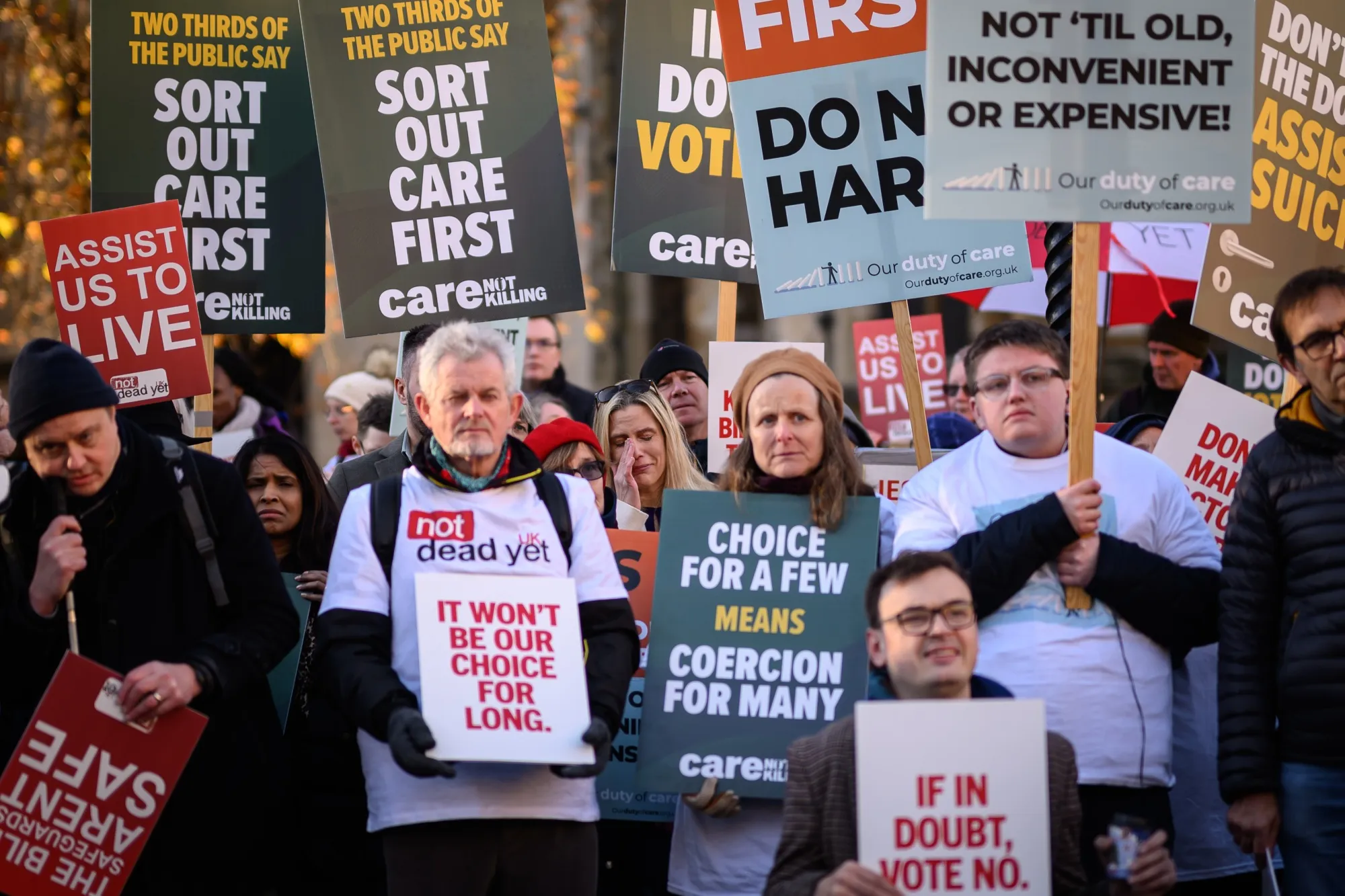 Supporters of the "Not Dead Yet" campaign, which opposes the Assisted Dying Bill, outside the Houses of Parliament&nbsp;on November 29, 2024.