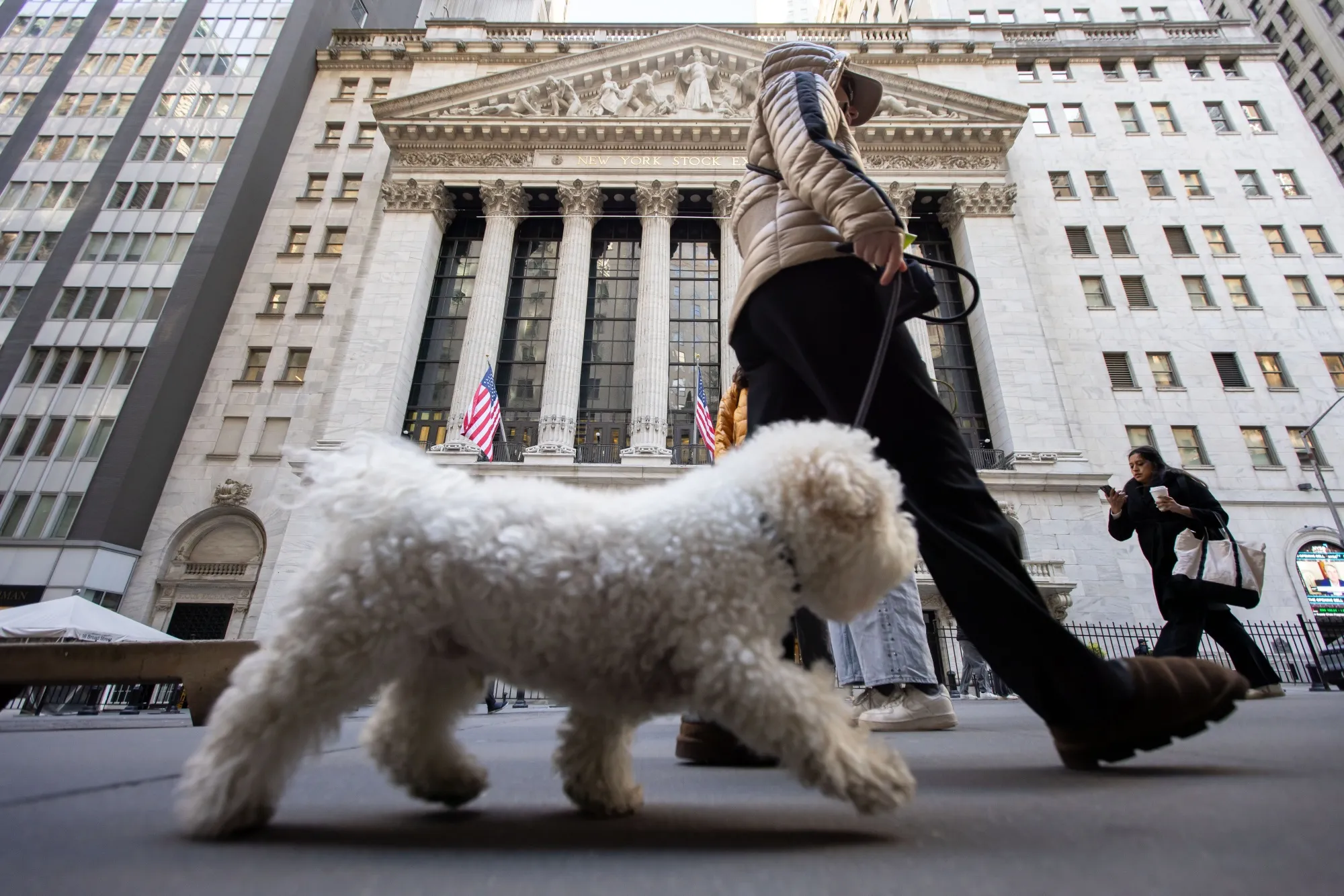 A pedestrian walks a dog in front of the New York Stock Exchange (NYSE) in New York, US.