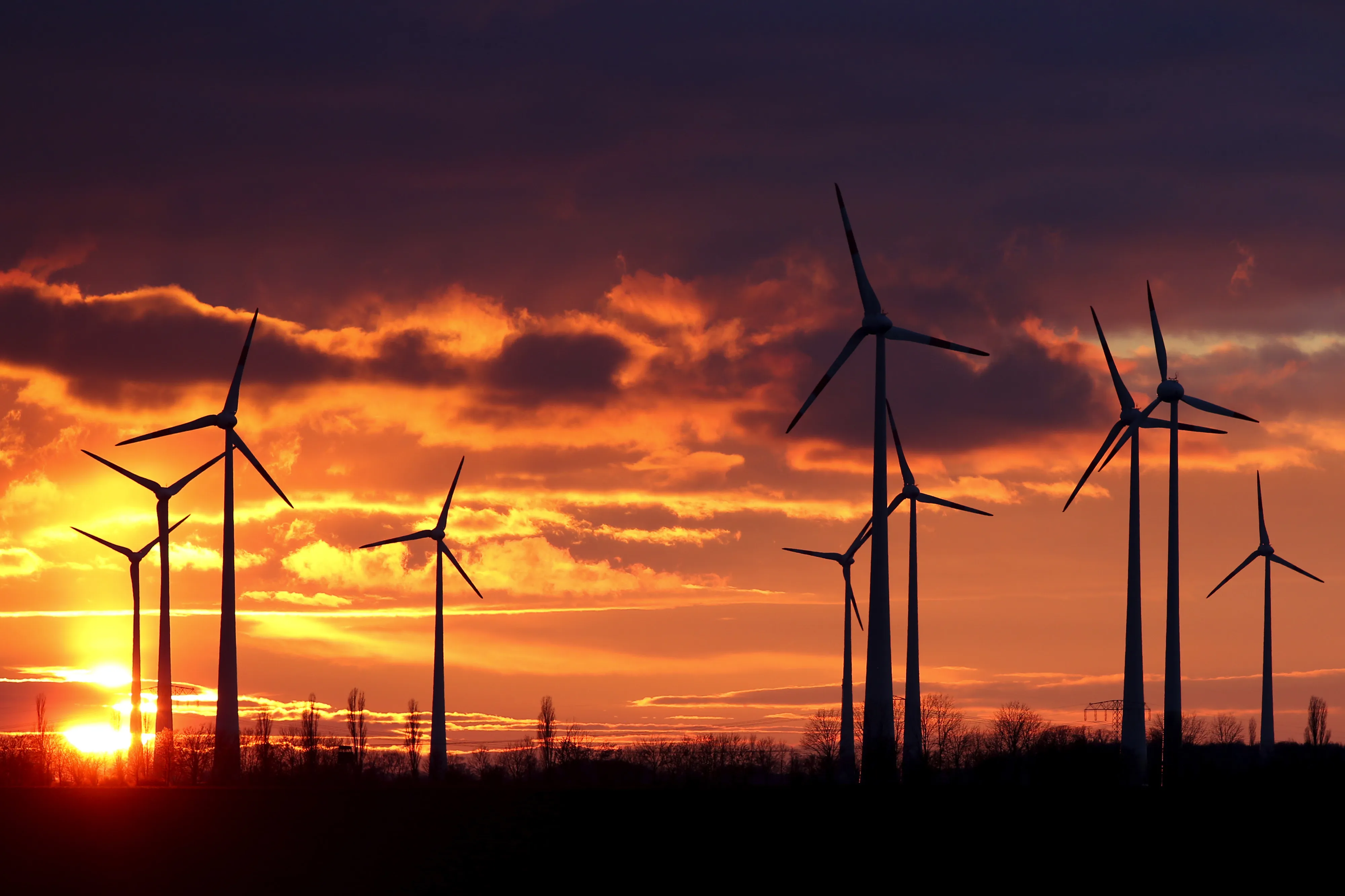 Wind turbines at a wind farm in Nauen Brandenburg, Germany.
