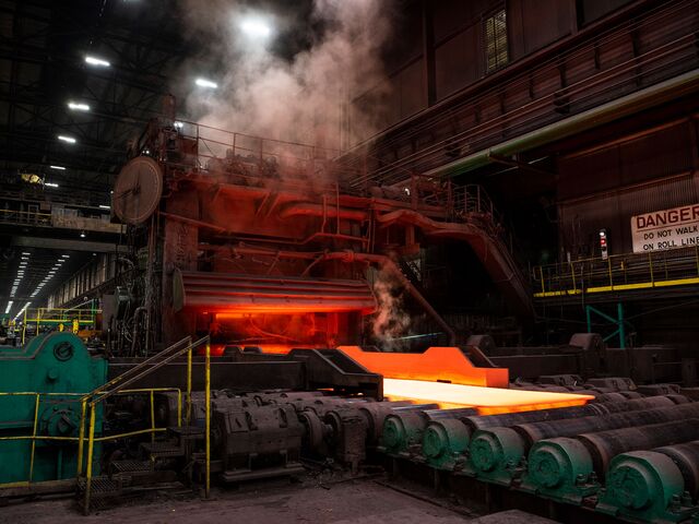 Red hot steel plate being manufactured