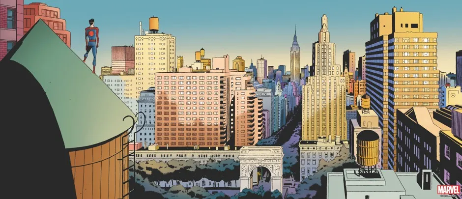 Spidey looks out over Stan Lee's New York.