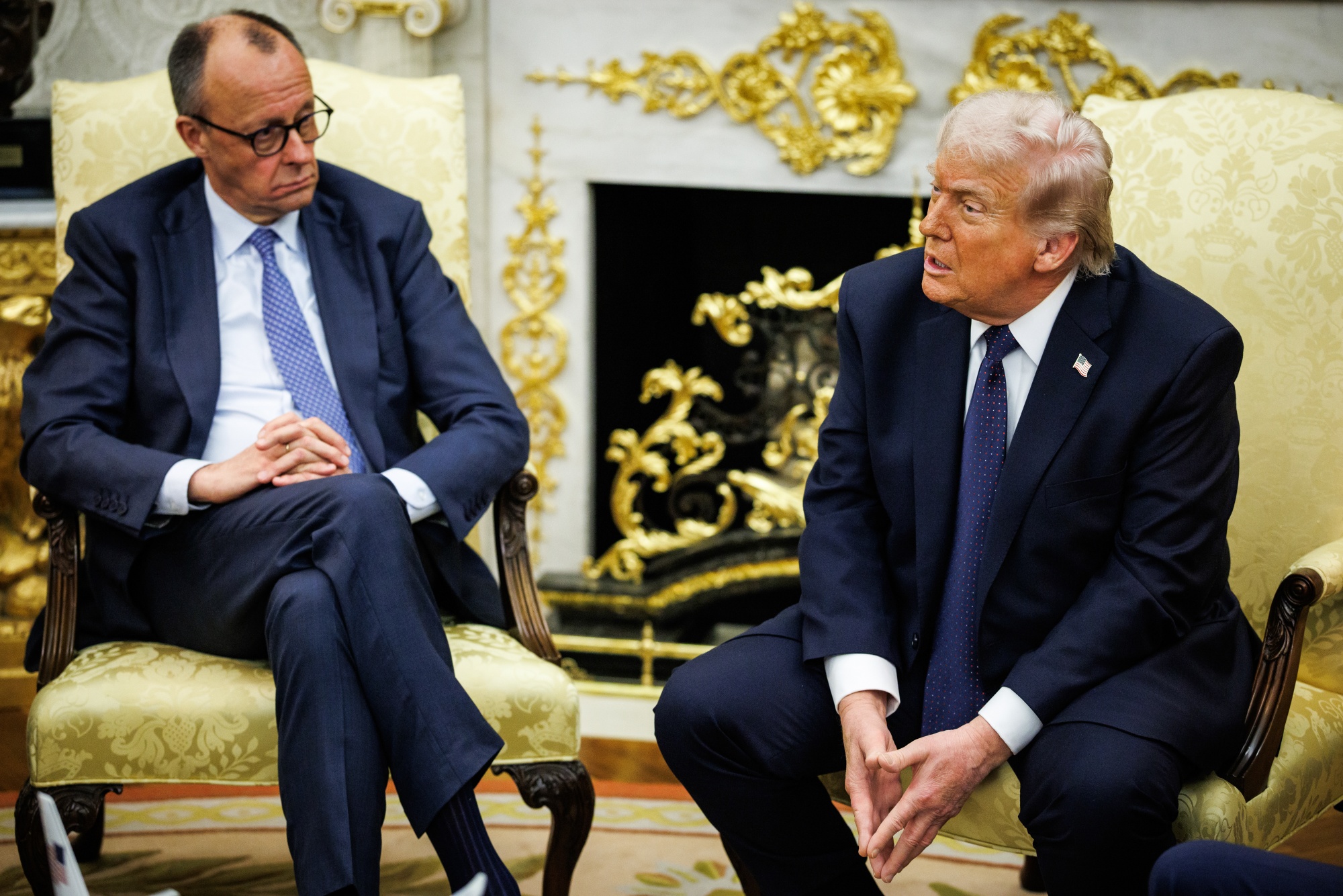 Friedrich Merz, left, and Donald Trump in the Oval Office in Washington, DC, on March 3. Photographer: Samuel Corum/Sipa/Bloomberg