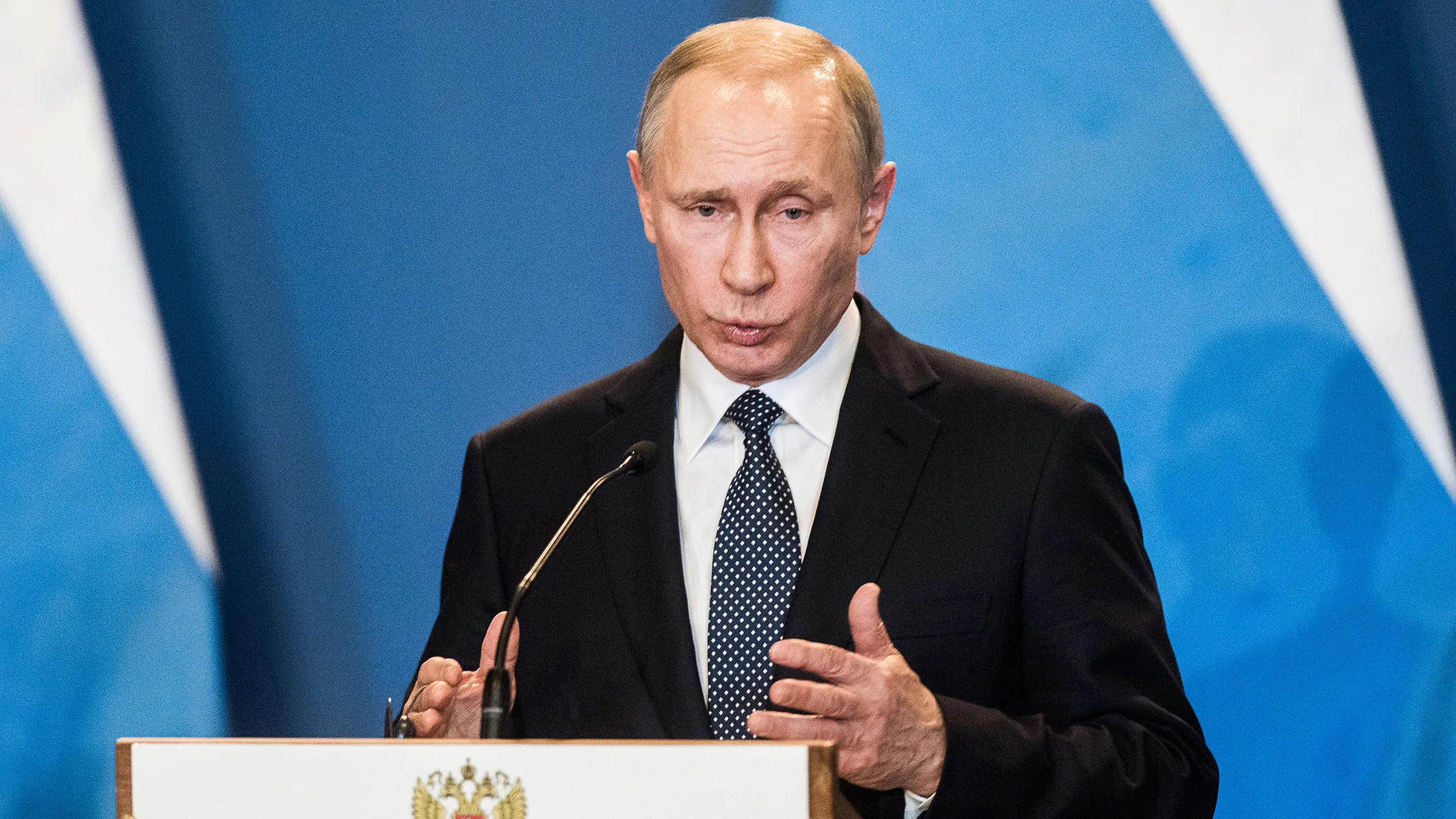 Vladimir Putin, Russia's president, speaks during a news conference in Budapest, Hungary, on Thursday, Feb. 2, 2017.
