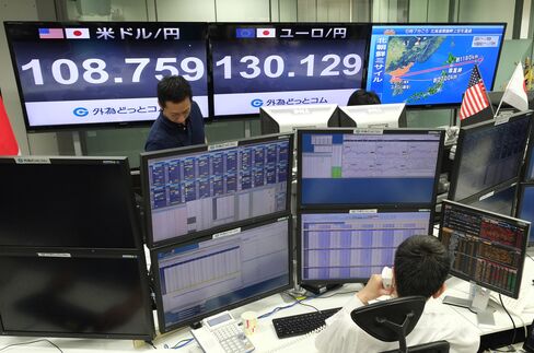 Quotation boards display the foreign exchange rate at a foreign exchange brokerage in Tokyo on August 29, 2017, after a missile was launched by North Korea earlier in the day.