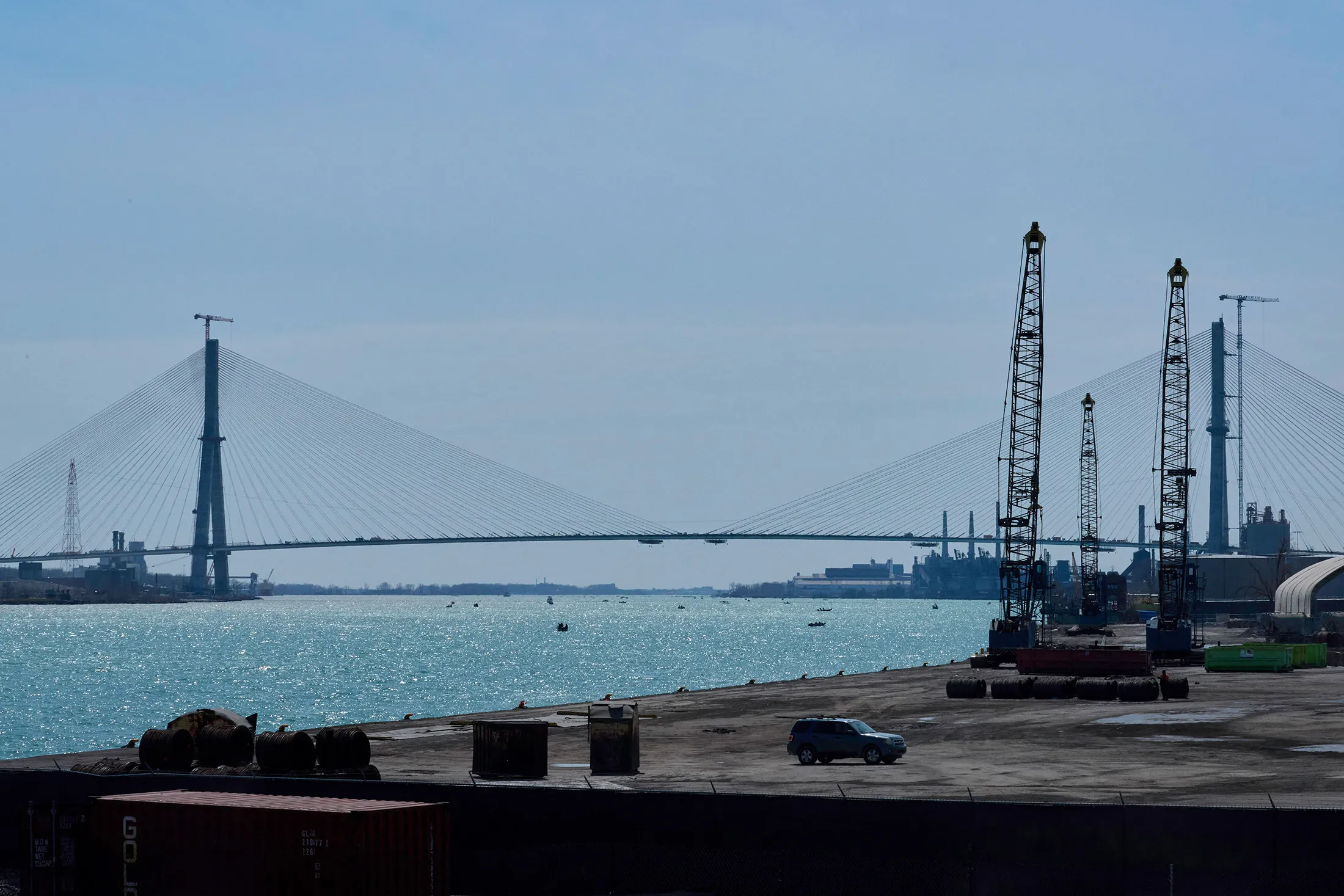 The Gordie Howe International Bridge connects southern Detroit, Michigan, US, and Windsor, Ontario, Canada.