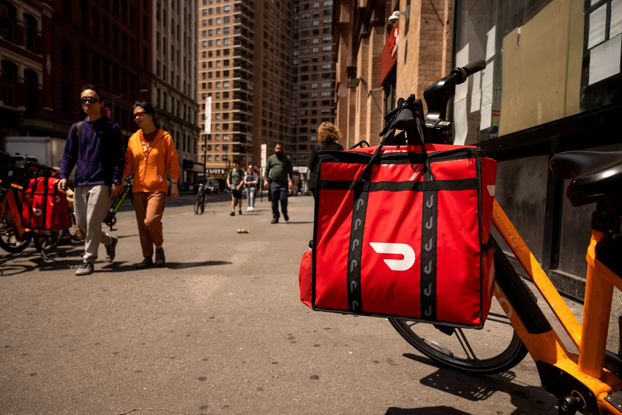 A DoorDash delivery bag outside a DashMart location in New York.&nbsp;