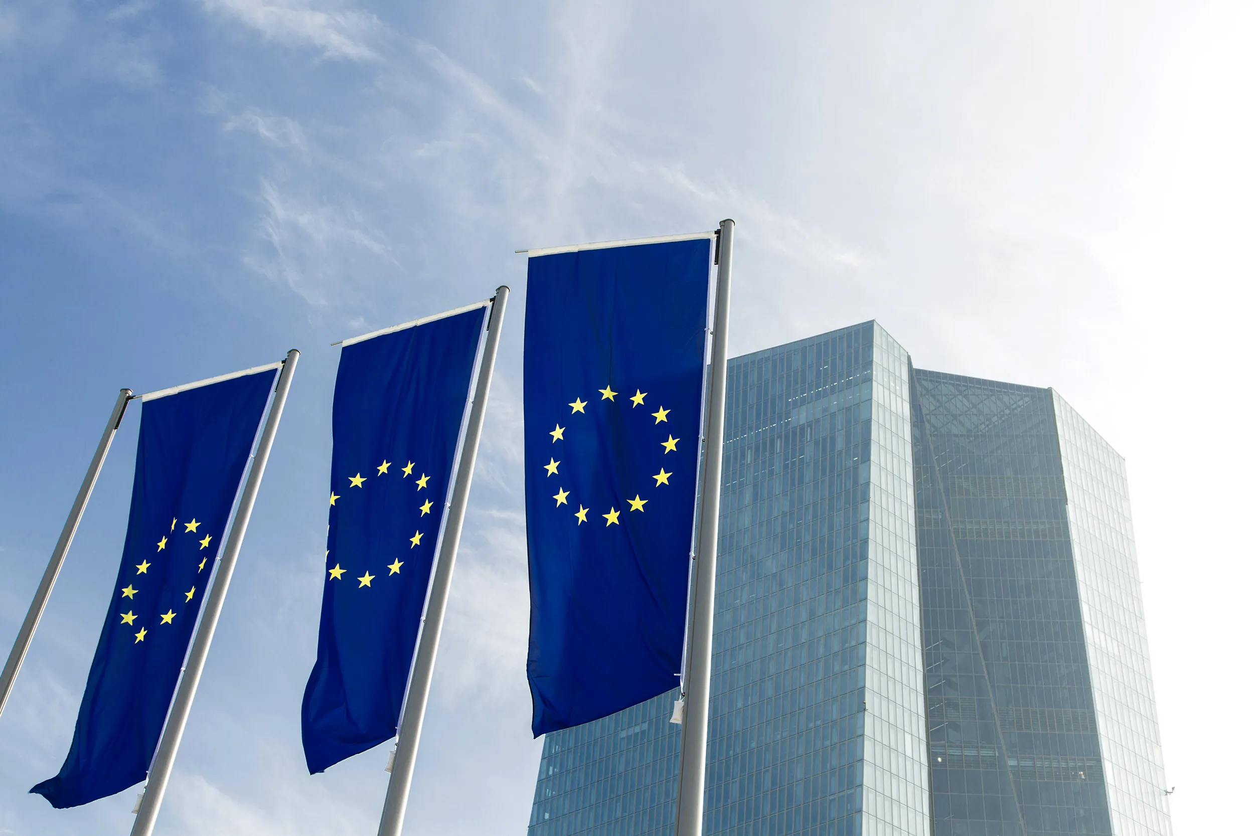 European Union (EU) flags outside the new headquarters of the European Central Bank (ECB) in Frankfurt on Feb. 13, 2015.
