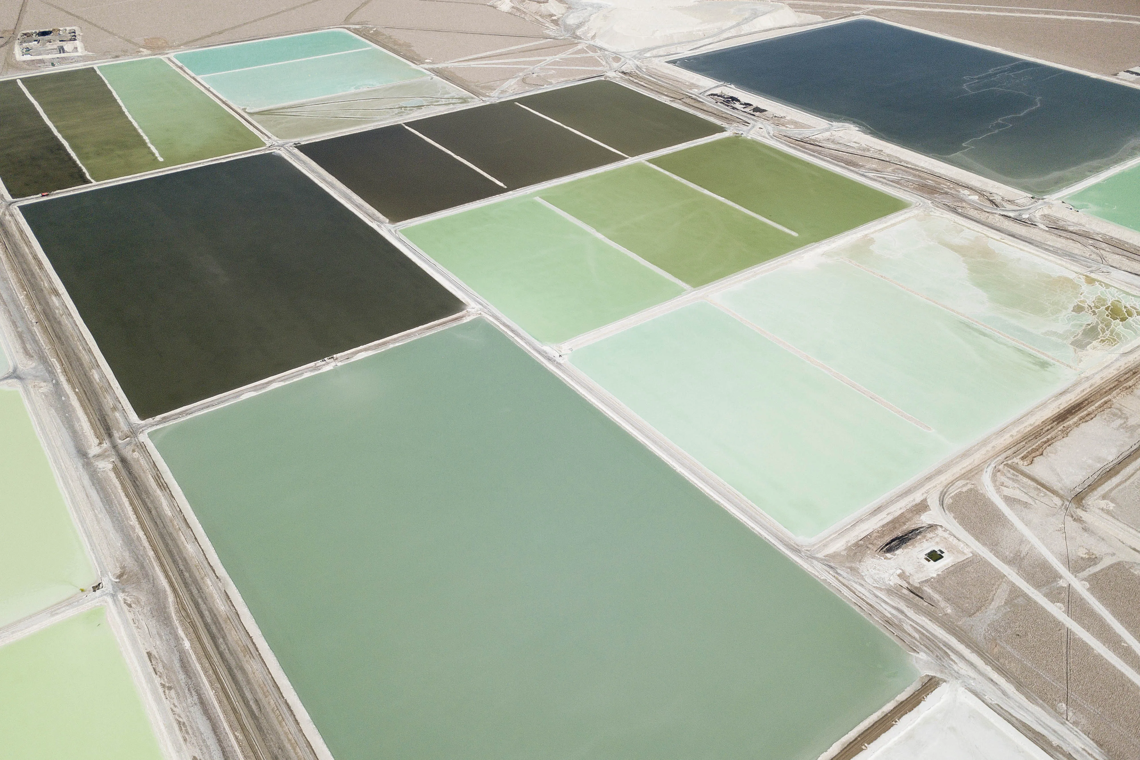 Brine pools at the Albemarle Lithium mine in Calama, Antofagasta region, Chile.