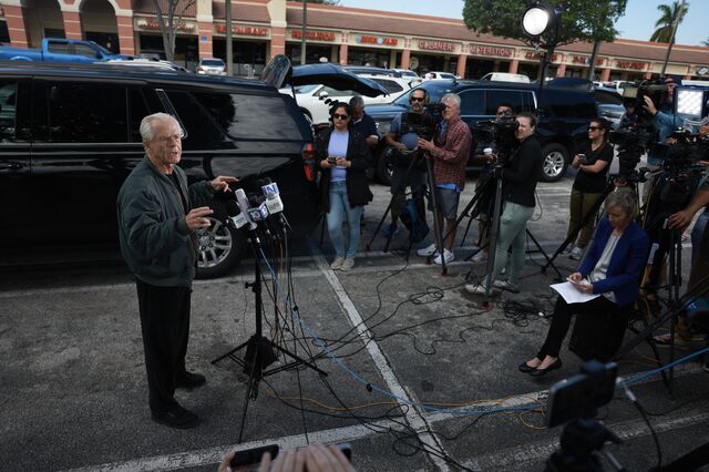 Peter Navarro holds a press conference before turning himself in to a federal prison on March 19, 2024, in Miami.