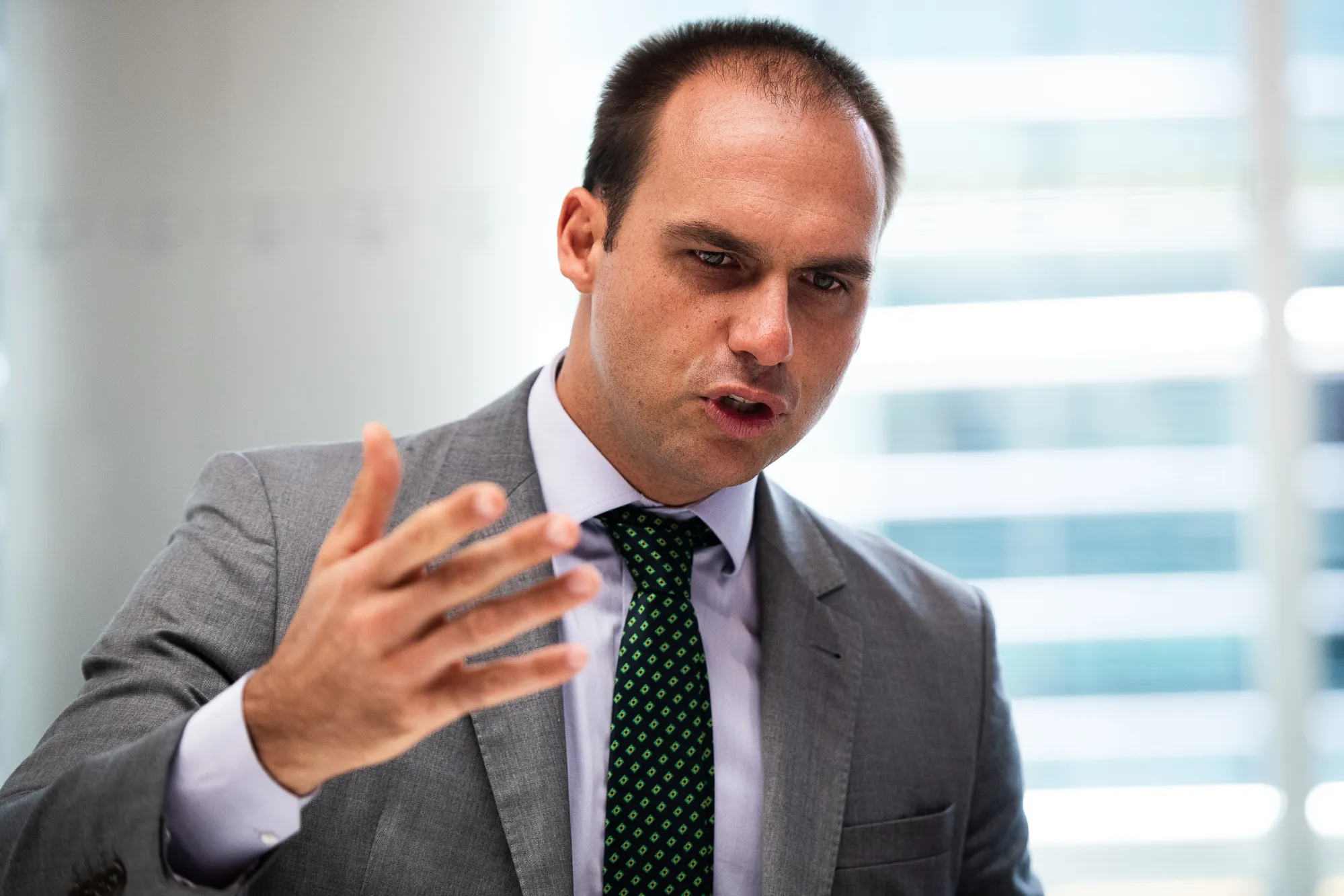 Brazilian lawyer Eduardo Bolsonaro speaks during an interview in New York on Aug. 2, 2018.&nbsp;