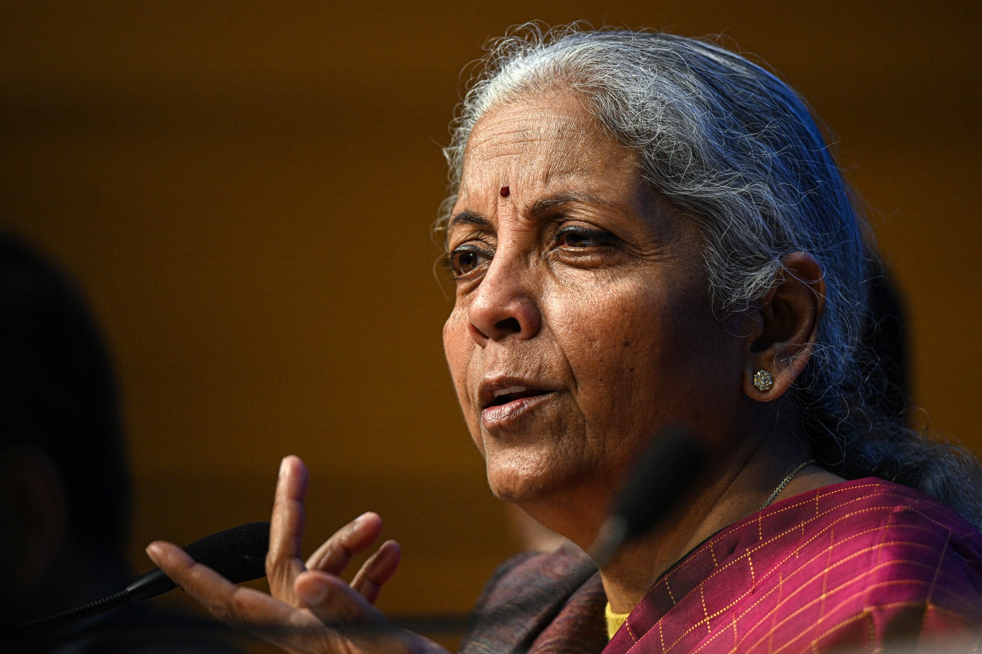 Nirmala Sitharaman, India's finance minister, during a news conference in New Delhi, India, on Saturday, Feb. 1, 2026. India's finance minister unveiled a relatively cautious budget on Sunday, focusing on economic stability in the face of rising global risks. Photographer: Prakash Singh/Bloomberg