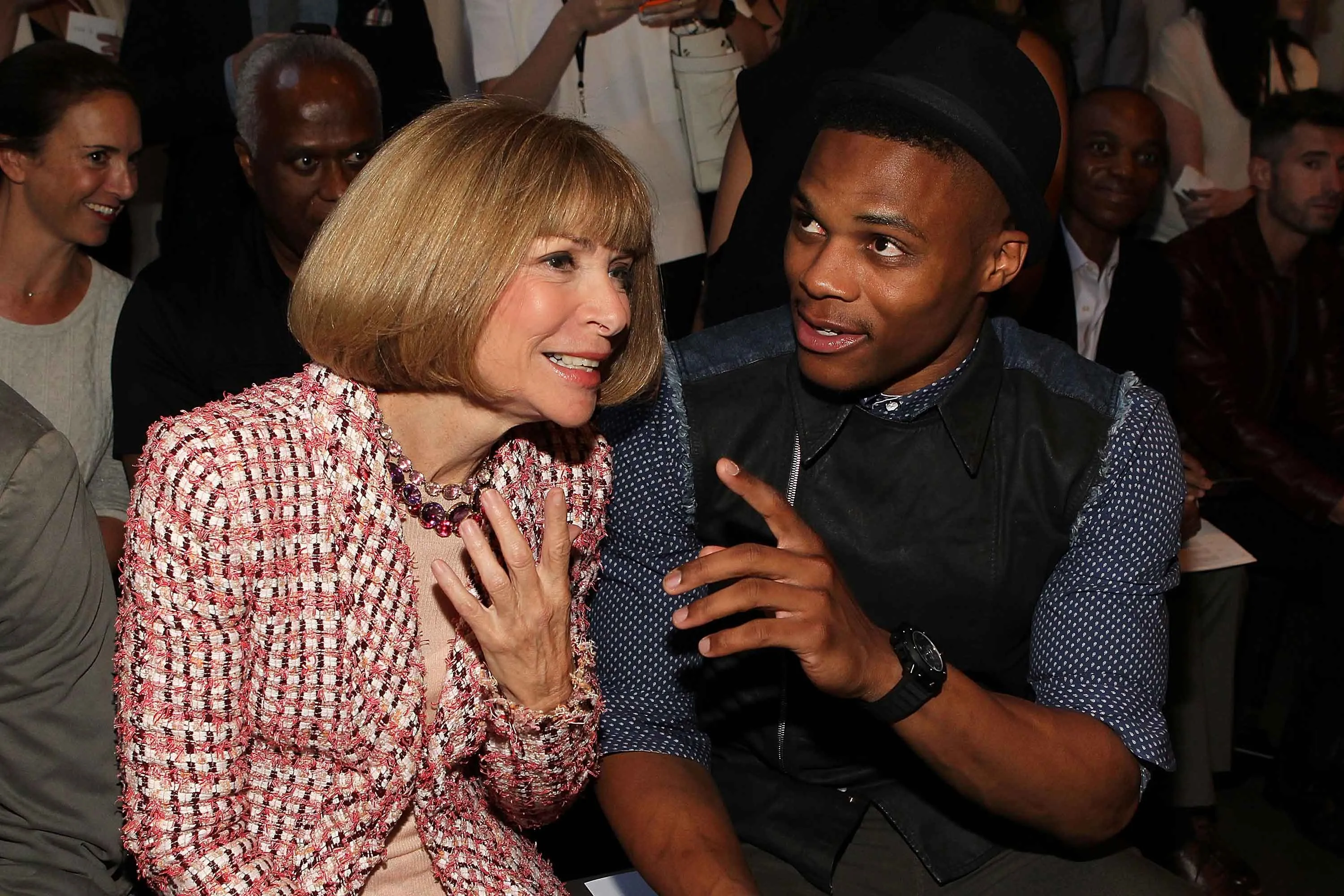 Anna Wintour, editor-in-chief of American Vogue, talks with NBA's Russell Westbrook at the Rag &amp; Bone Women's Collection show on September 6, 2013 in New York City. (Photo by Paul Morigi/WireImage)
