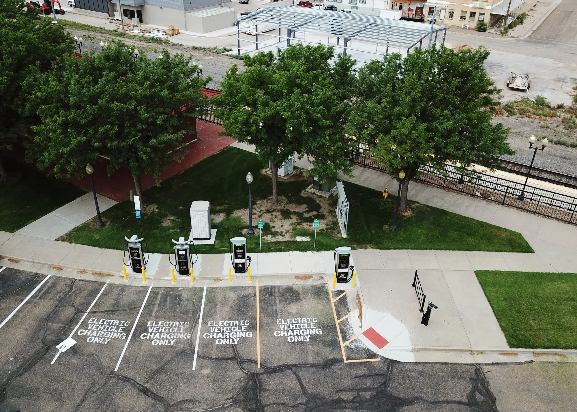 Electric vehicle chargers near Highway 50 in Lamar, Colorado.