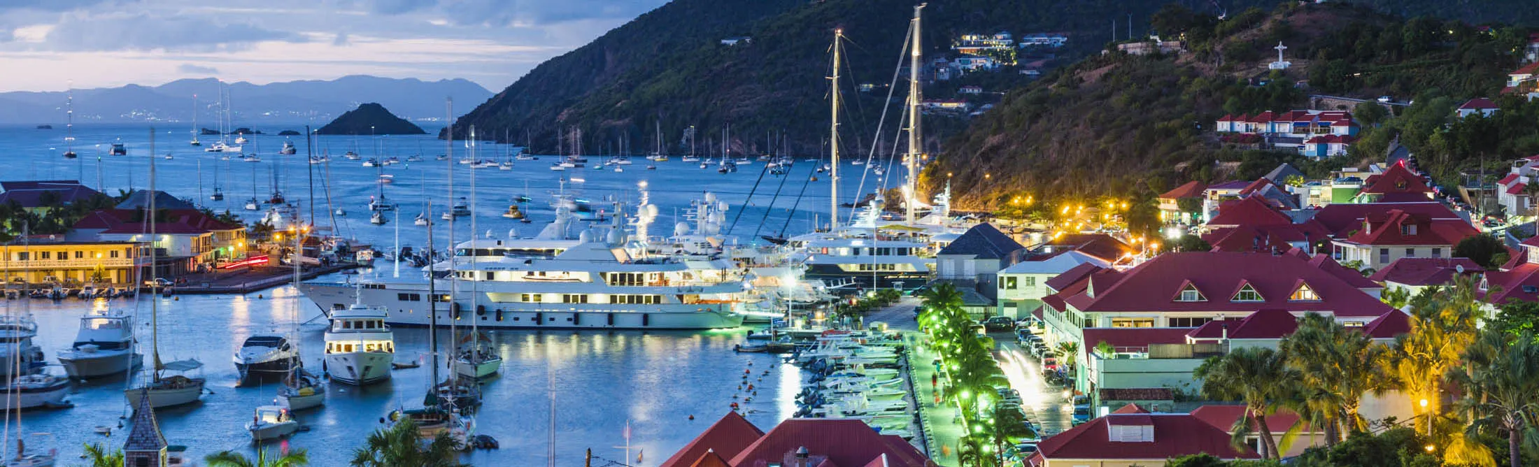 Gustavia Harbor in St. Barts at dusk.