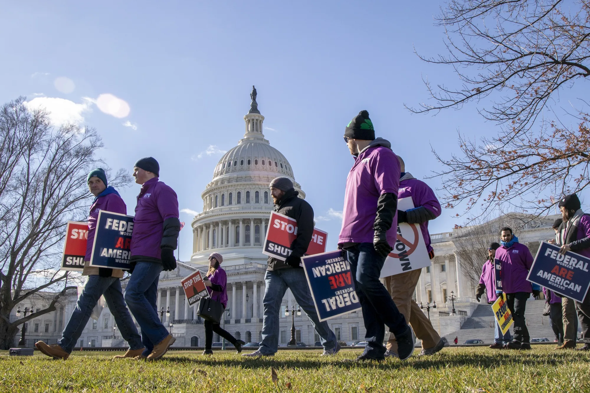 Demonstrators arrive at a protest hosted by the National Air Traffic Controllers Association in Washington, D.C. on Jan. 10, 2019.