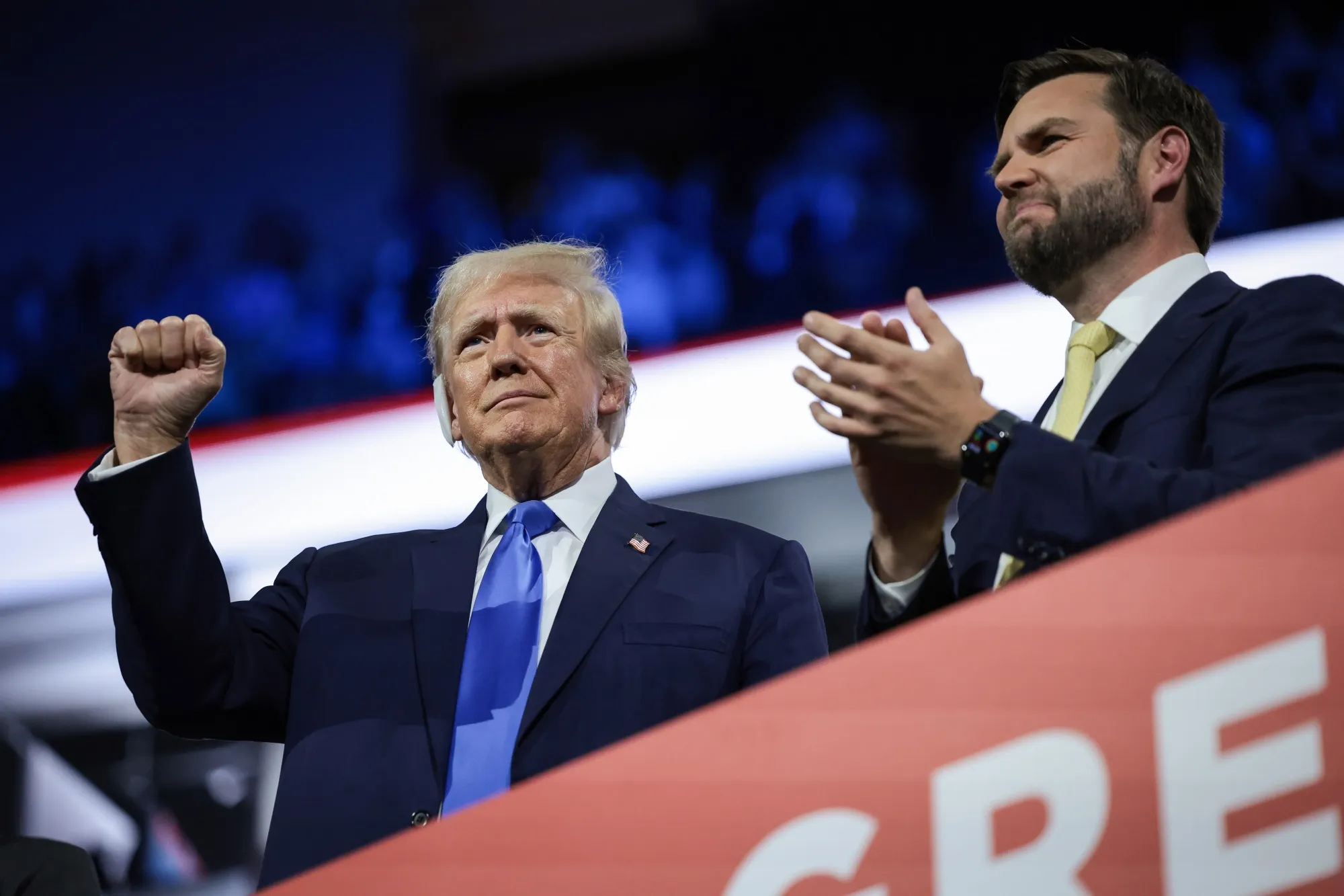 Donald Trump and JD&nbsp;Vance&nbsp;during the Republican National Convention at the Fiserv Forum in Milwaukee, Wisconsin on July 16.