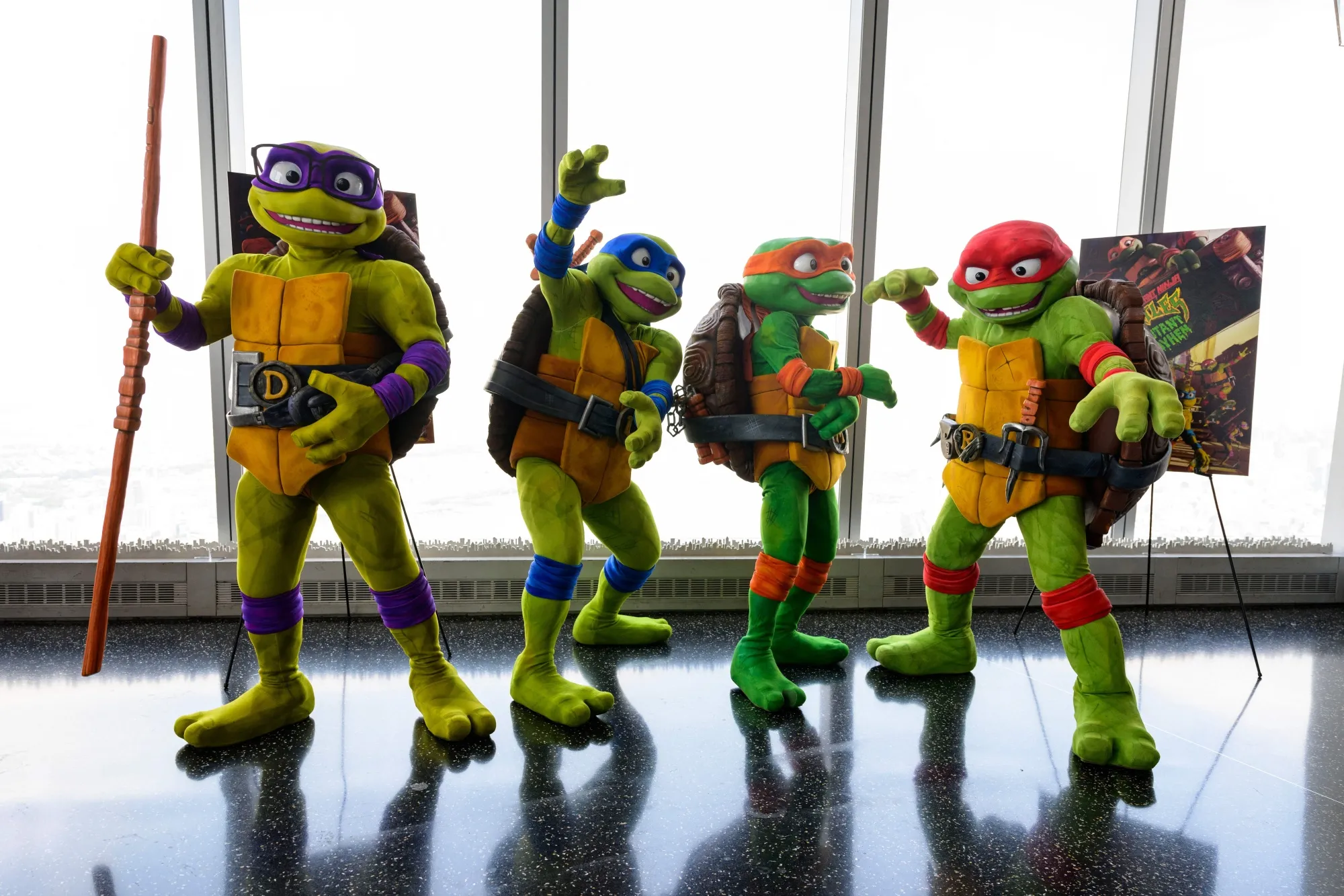 Teenage Mutant Ninja Turtles pose for a photo ahead of the movie premiere for Teenage Mutant Ninja Turtles: Mutant Mayhem,&nbsp;at One World Observatory in New York City.&nbsp;