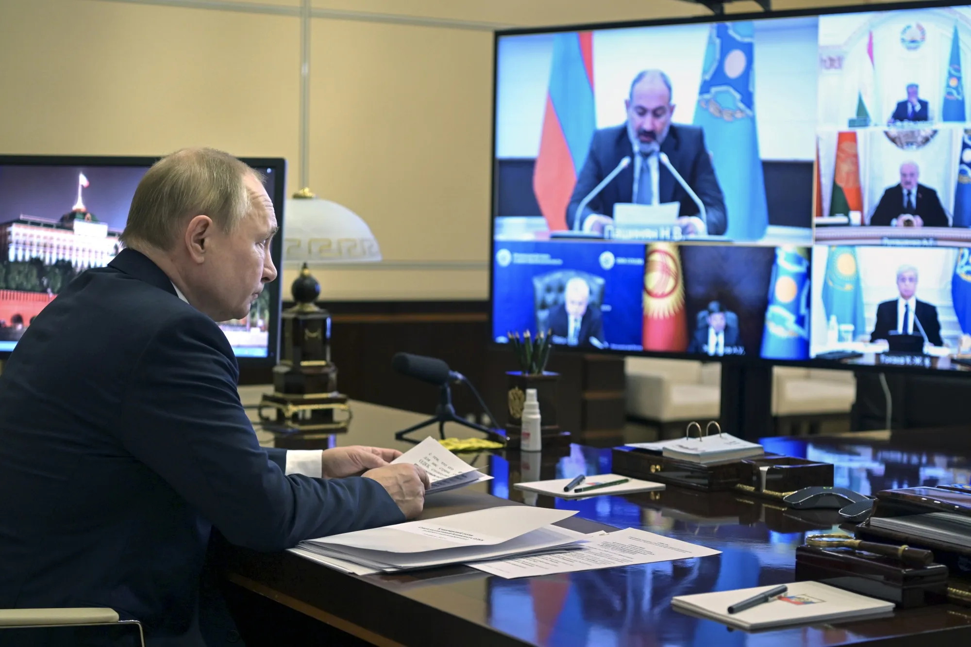 Vladimir Putin speaks during a Collective Security Treaty Organization videoconference on Jan. 10. 