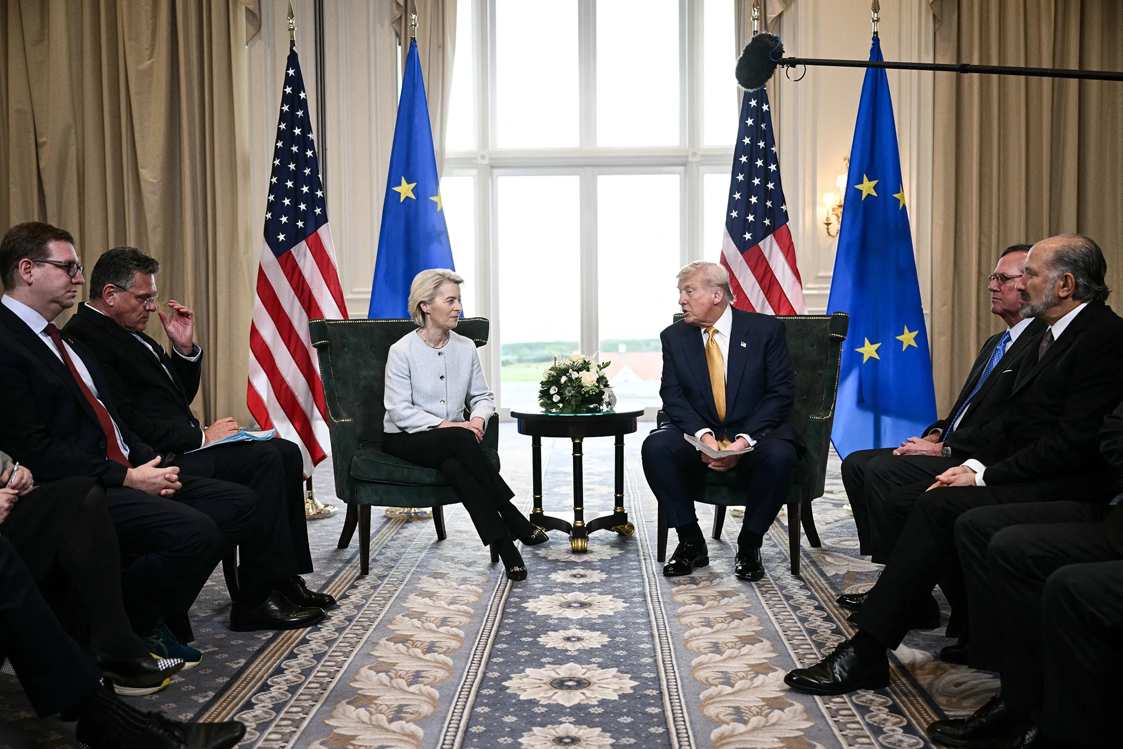US President Donald Trump&nbsp;and European Commission President Ursula von der Leyen meet at Trump Turnberry golf club in Scotland on July 27.