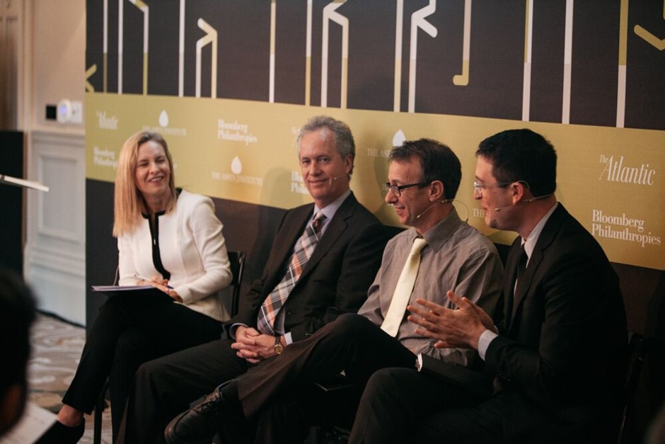 Left to right: The Atlantic's Mary Louise Kelly, Louisville Mayor Greg Fischer, Wingham Rowan of Beyond Jobs, and Bryan Boyer of the Makeshift Society speak at the CityLab 2015 summit in London.