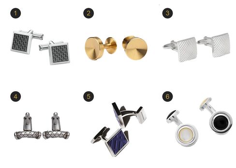 (1) Signature cuff links, Montblanc, $255, montblanc.com; (2) Alexander cufflinks, Alice Made This, $135.72, alicemadethis.com; (3) Rohdium-plated cufflinks, Lanvin, $180, mrporter.com; (4) Cufflinks in intrecciato silver, Bottega Veneta, $440, bottegaveneta.com (5) Check rectangle cufflinks, Burberry, $190, burberry.com (6) Reversible cufflinks with onyx and mother of pearl, Turnbull & Asser,$325, bloomingdales.com