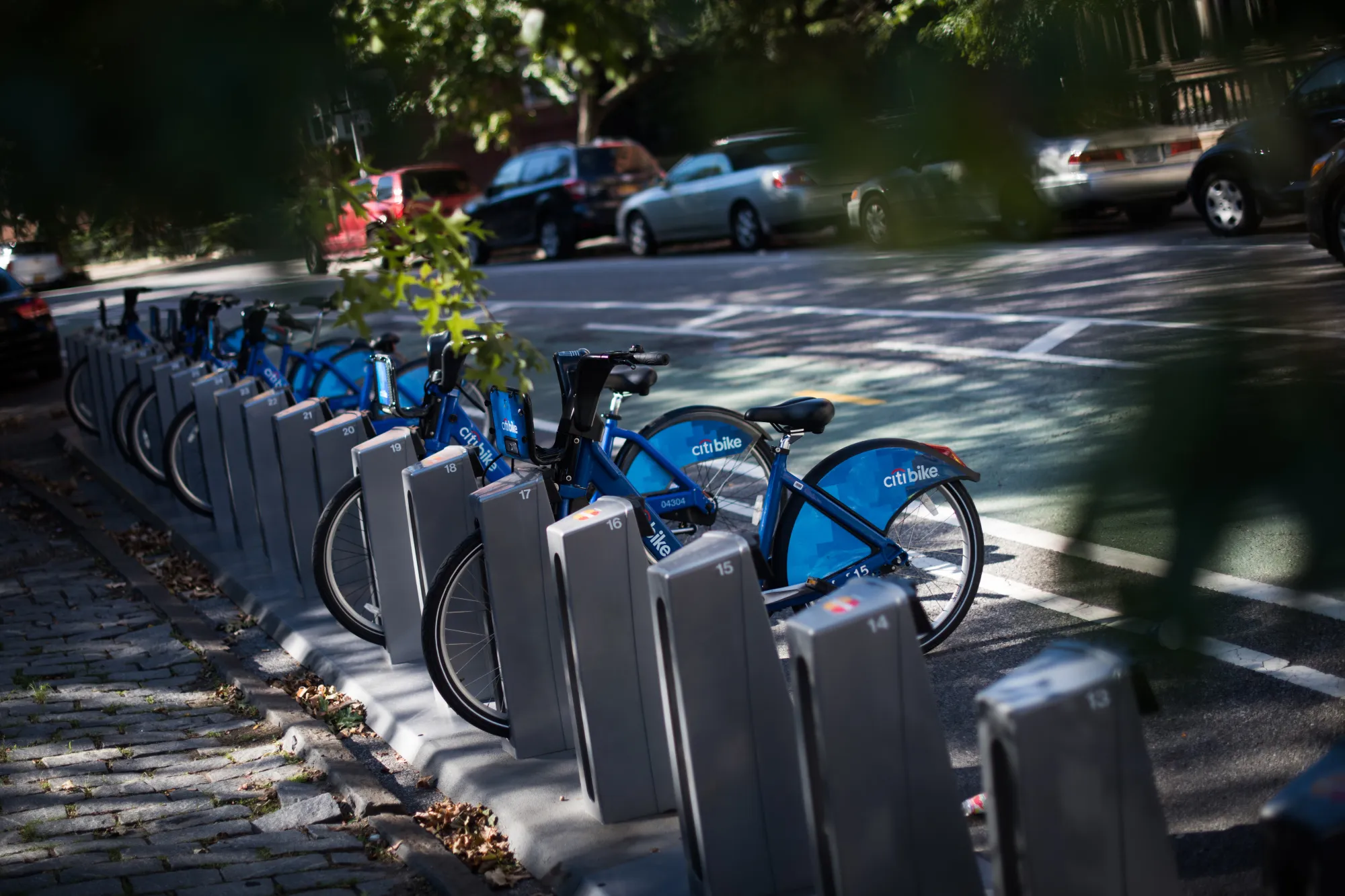 Bicycles stand at a&nbsp;Citi Bike station in the Park Slope neighborhood of the Brooklyn.