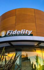 The retail sign and corporate logo of Fidelity Investments