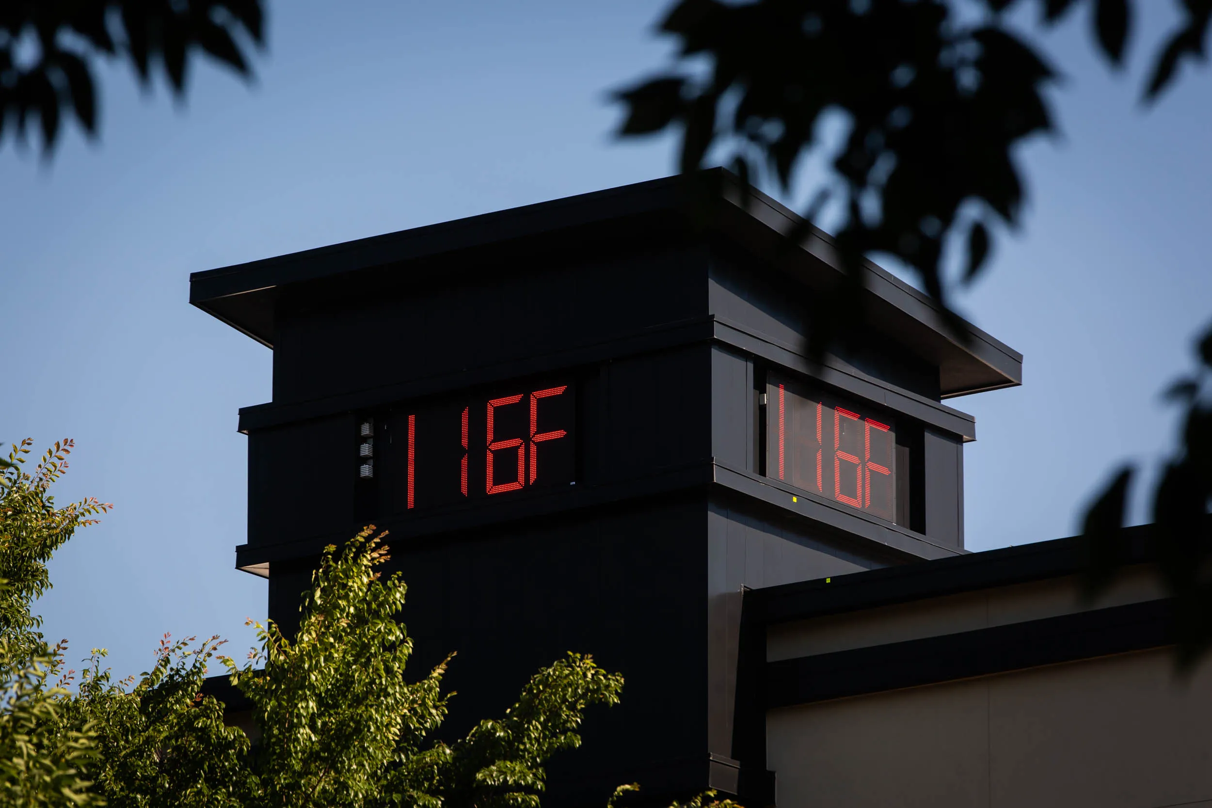 A thermometer reading 116 degrees Fahrenheit during a heatwave in Portland, Oregon.
