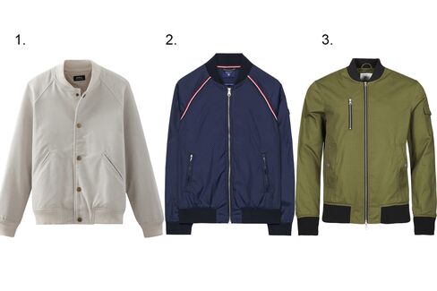 (1) Seven varsity jacket, A.P.C., $425, apc.fr; (2) Bow man jacket, GANT, $295, gant.com; (3) Bomber jacket in olive, WESC, $188, wesc.com