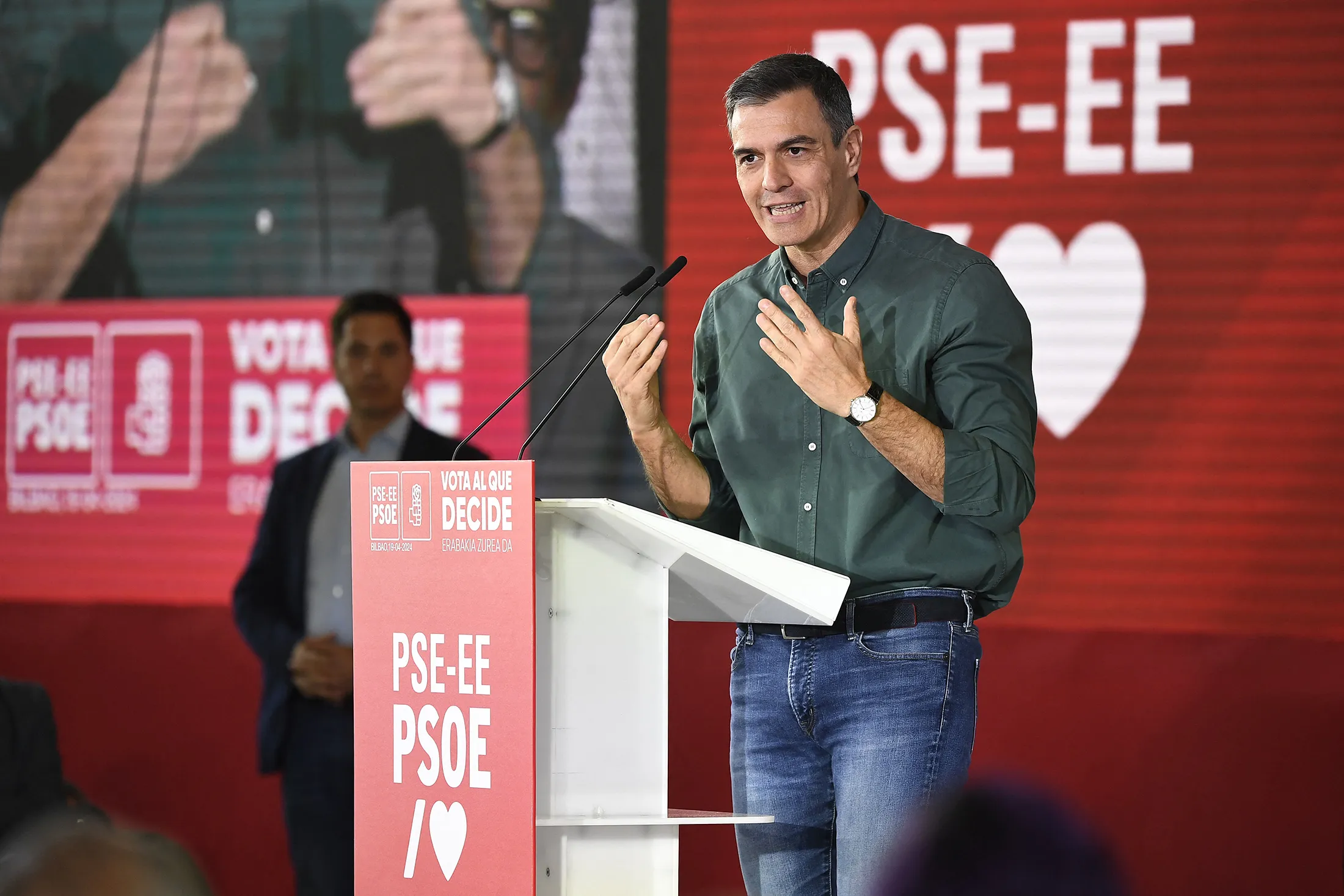 Pedro Sanchez speaks during the Basque Socialist Party (PSE) closing campaign meeting in Bilbao on April 19.