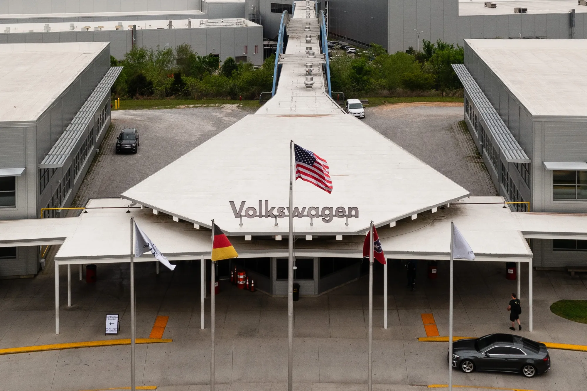 A National Labor Relations Board voting location sign outside a Volkswagen AG assembly plant in Chattanooga, Tennessee, on April 17.