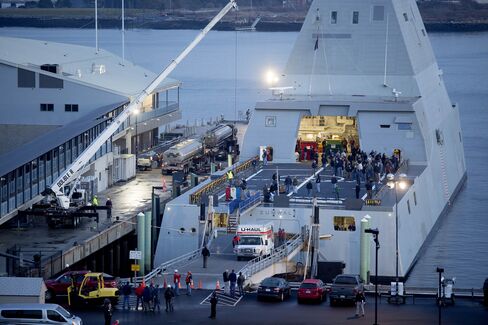 The USS Zumwalt is docked at a terminal in Portland.