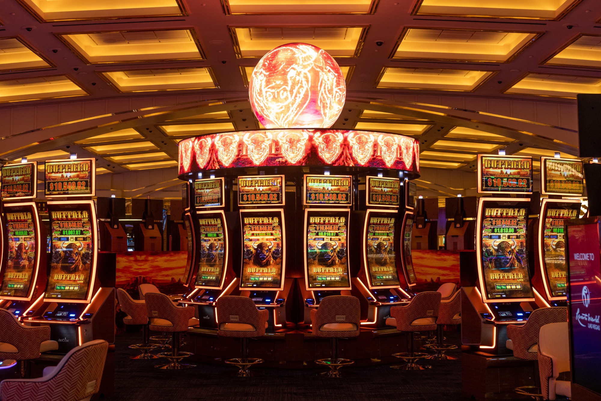 Slot machines on the main casino floor of Resorts World Las Vegas.