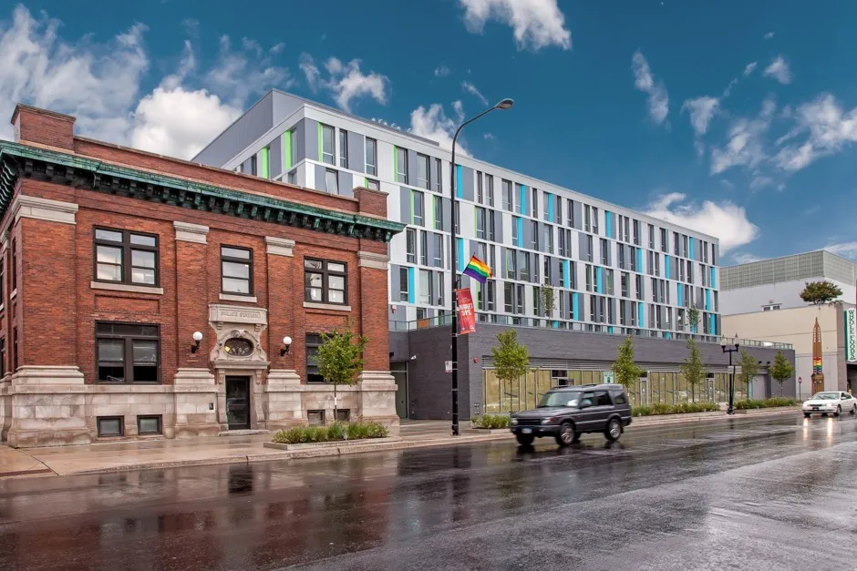 Chicago's Town Hall Apartments includes a decommissioned police station, at left. 