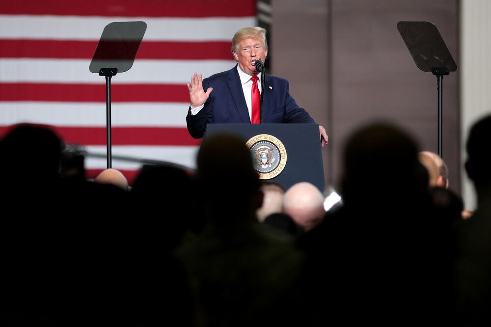 U.S. President Donald Trump addresses U.S. military personnel at Osan air base in Pyeongtaek, South Korea on June 30.