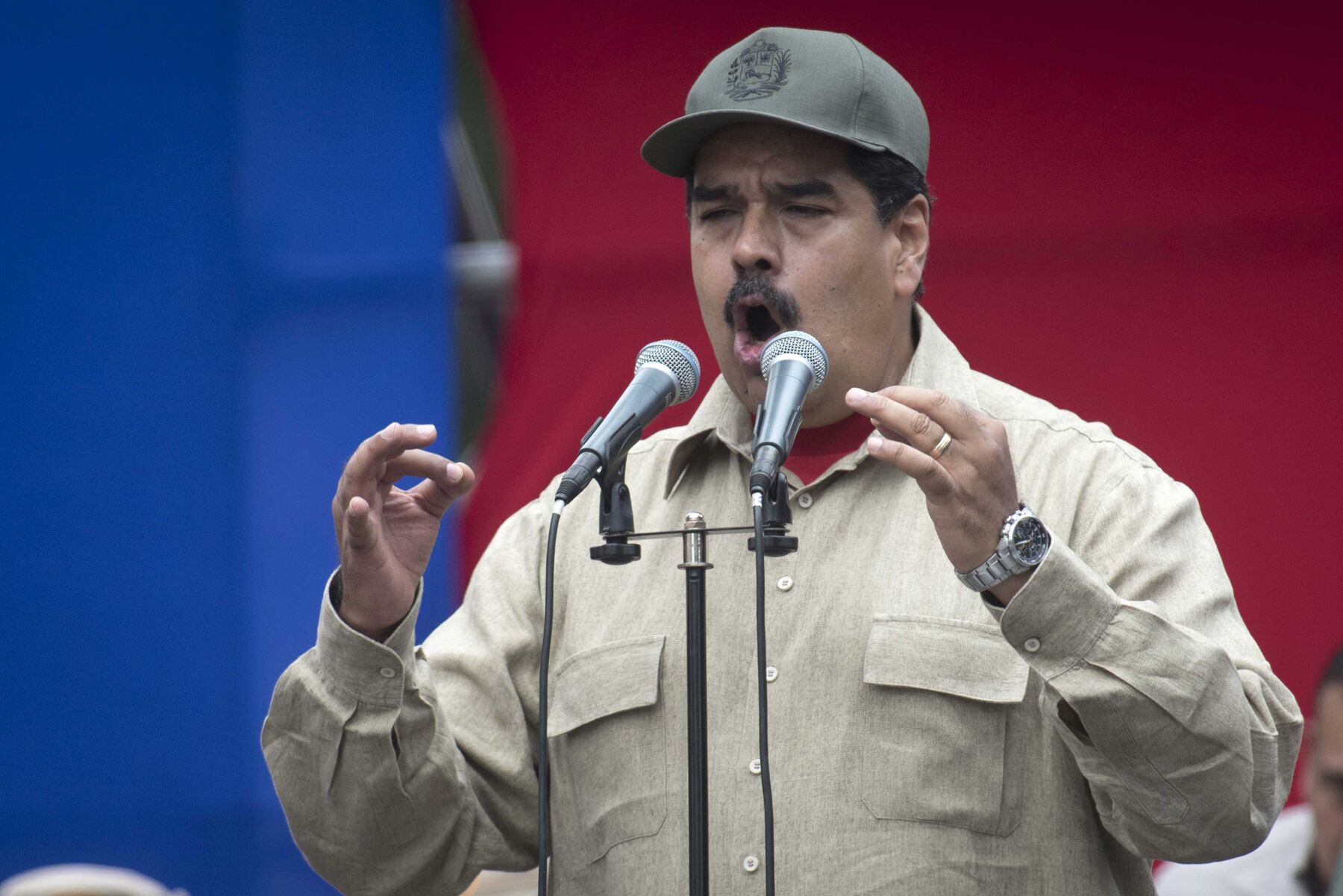 Nicolas Maduro, president of Venezuela, speaks during a ceremony with Militia members in Caracas, Venezuela, on April 17. Photographer: Carlos Becerra/Bloomberg