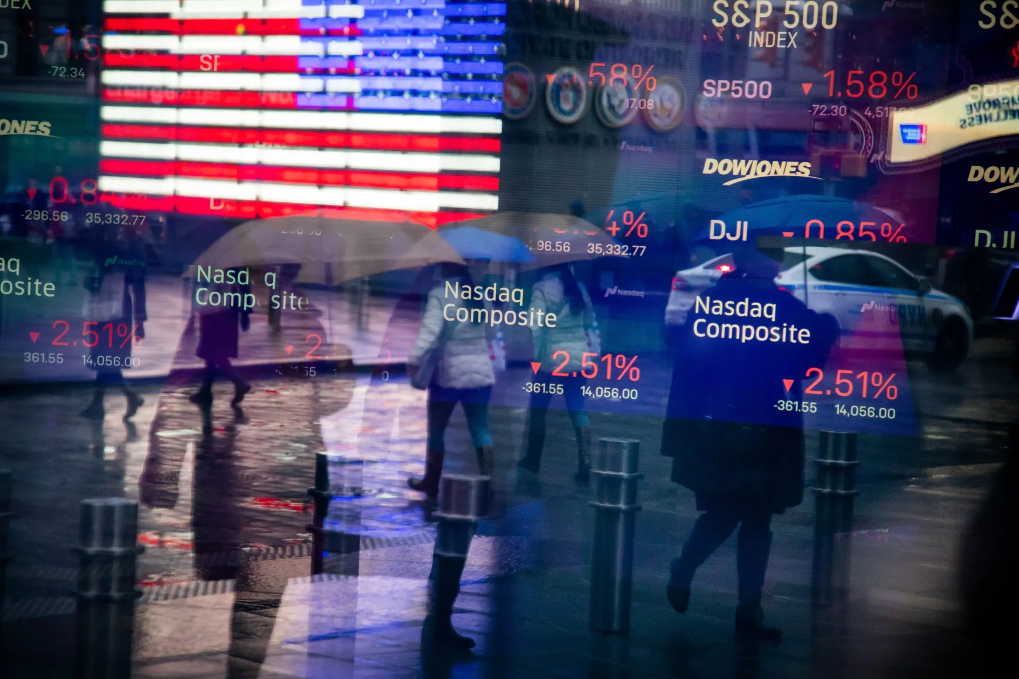 Stock market information at the Nasdaq MarketSite.