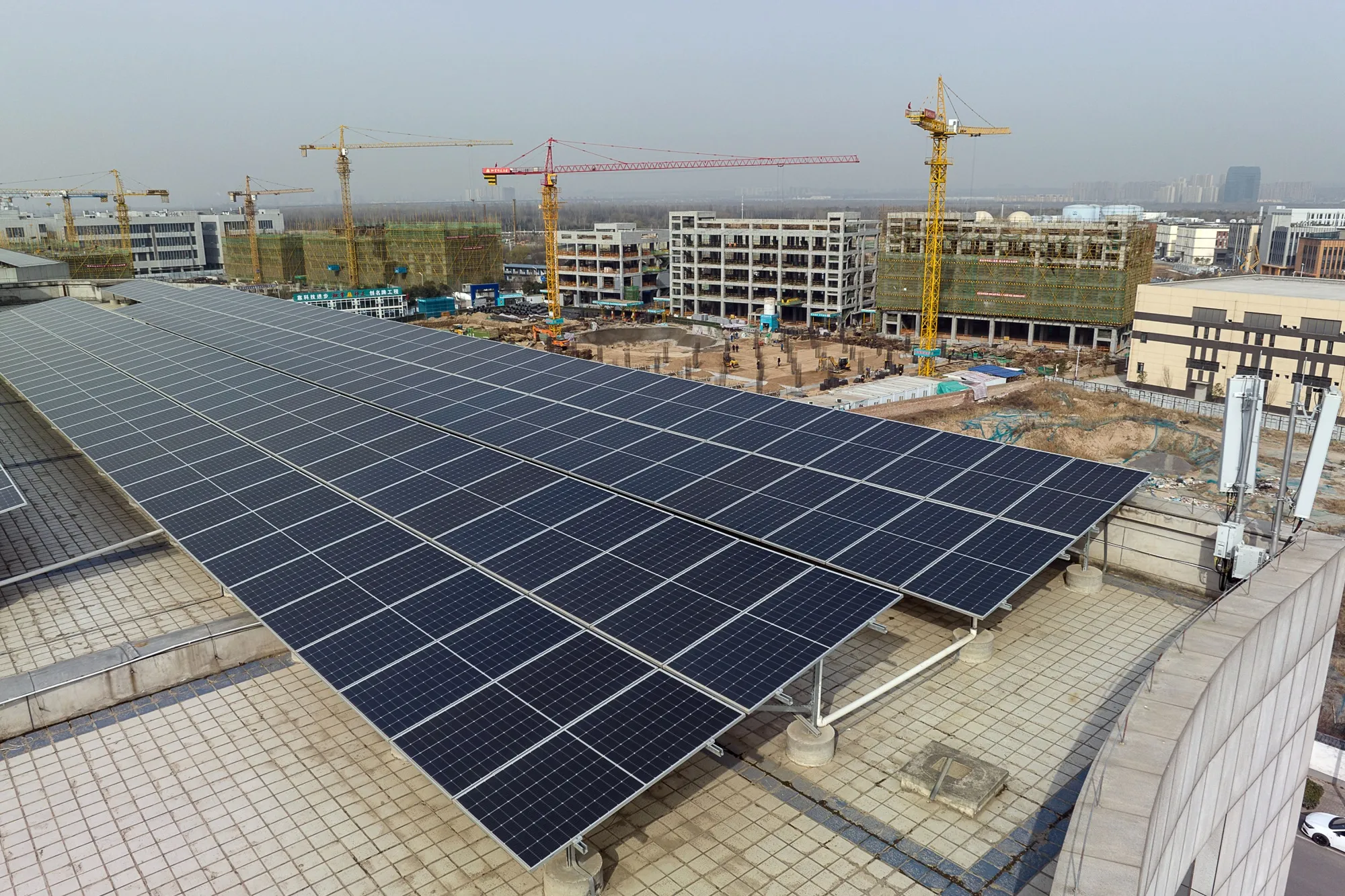 Solar panels on the rooftop of an office building in Xi'an, China.