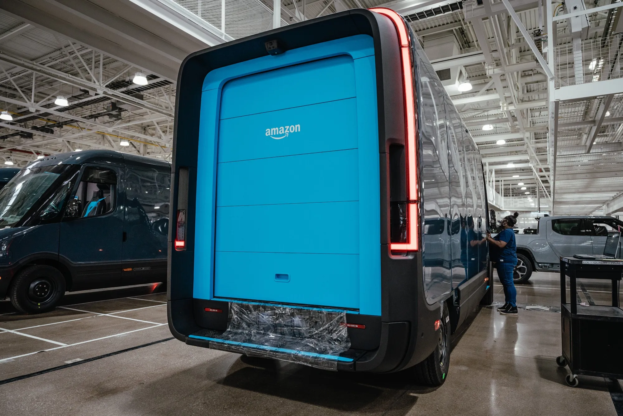 An Amazon Rivian electric delivery van at the company's manufacturing facility in Normal, Illinois, US.