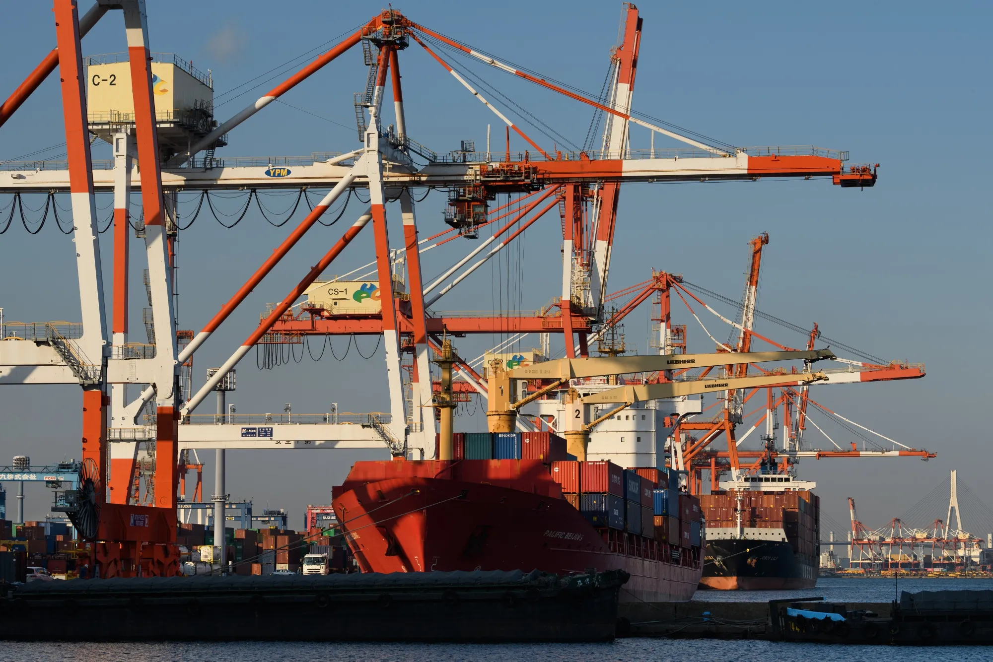 Gantry cranes stand over container ships berthed at a shipping terminal in Yokohama, Japan.
