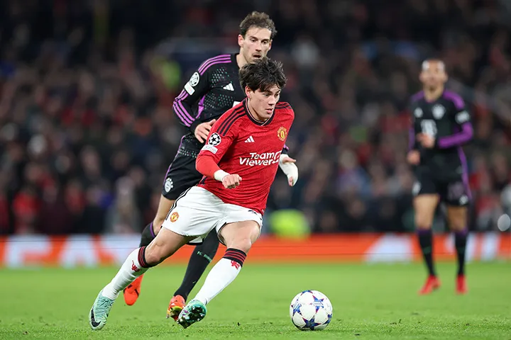 Facundo Pellistri of Manchester United during a&nbsp; UEFA Champions League match with Bayern Munich in Manchester, UK, on Dec. 12.&nbsp;